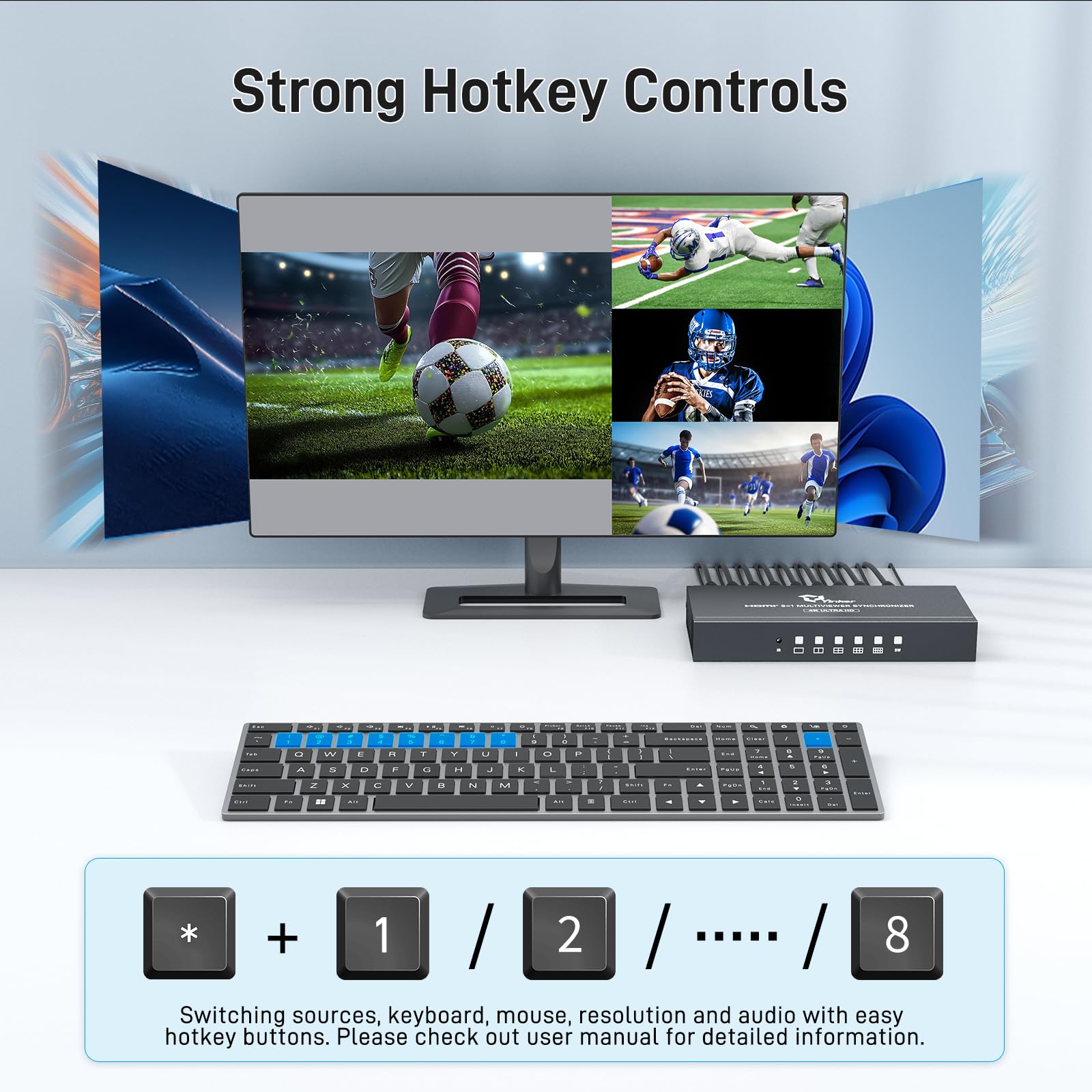 8 Port HDMI KVM Multiviewer, Yinker 8x1 Multiviewer Seamless Switcher unterstützt 4K@30Hz, Pip & POP Tastatur Hotkey Switch 3.5mm Audio Ausgang