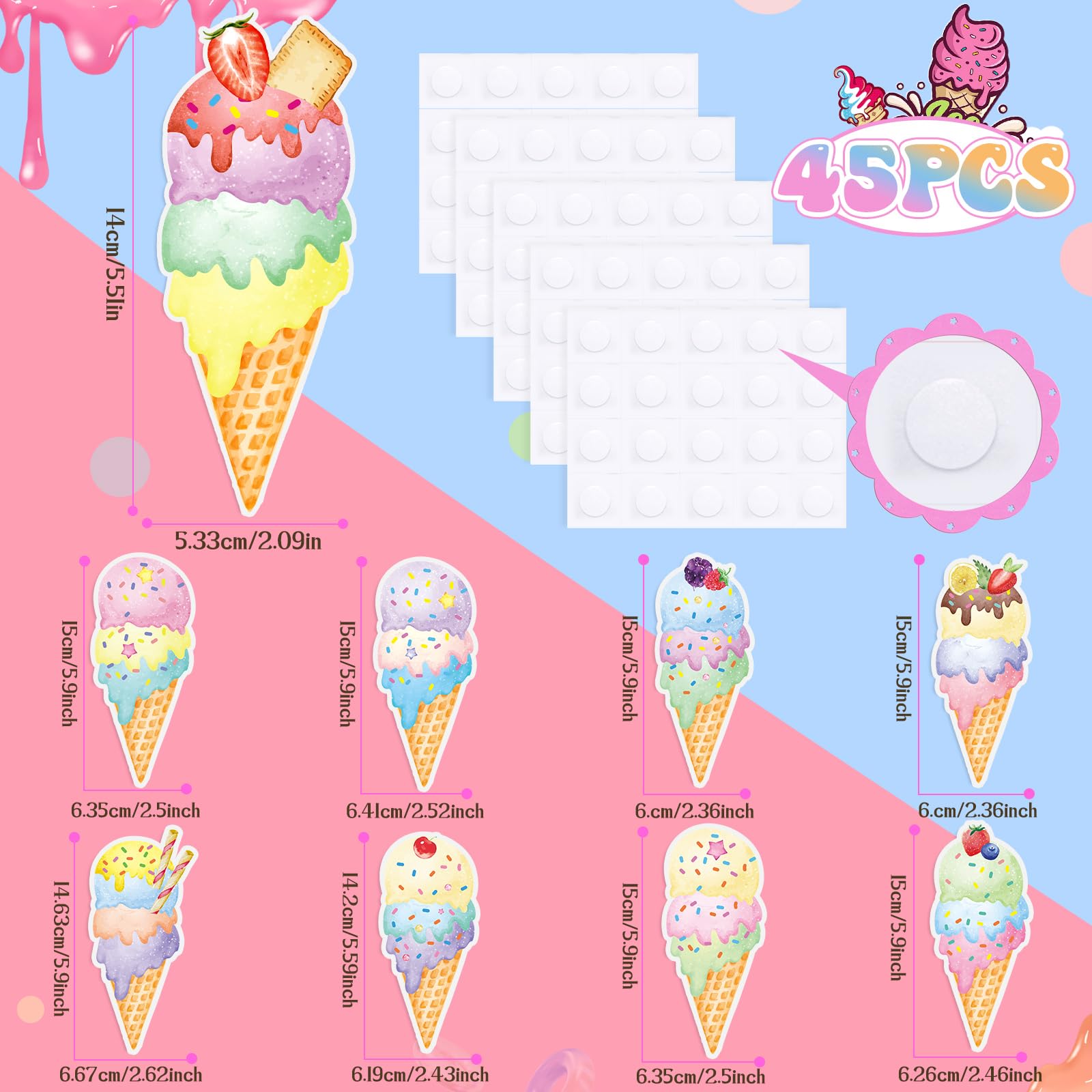Faccito 45 Piezas Recortes de Helado Decoración de Fiesta de Helado Corte de Papel de Cumpleaños de Helado Sundae para Fiesta con Tema de Helado Verano Boda Baby Shower Niñas