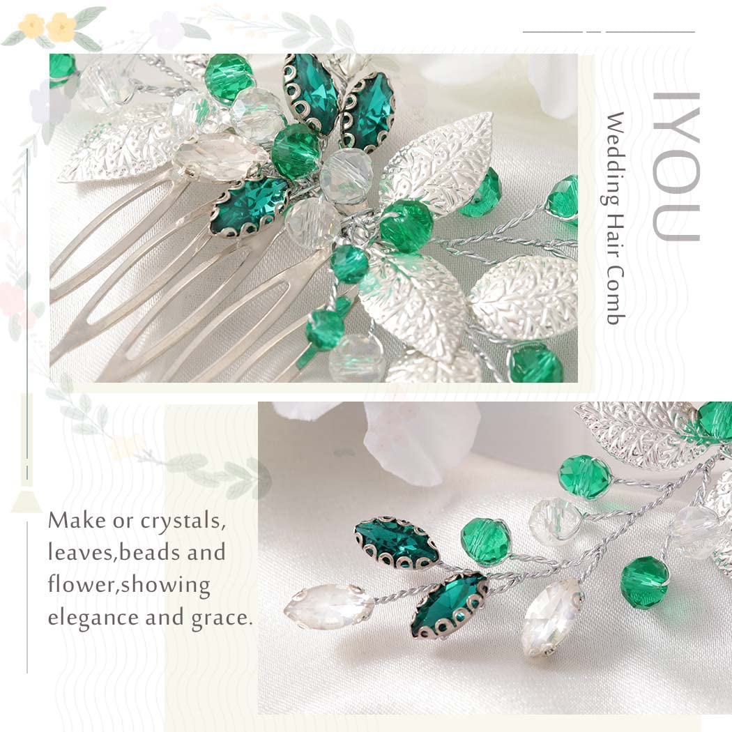 IYOU Pettini per capelli da Sposa Verde Accessori per capelli Matrimonio di Cristallo Prom Party Sposa Pettini Laterali per le donne