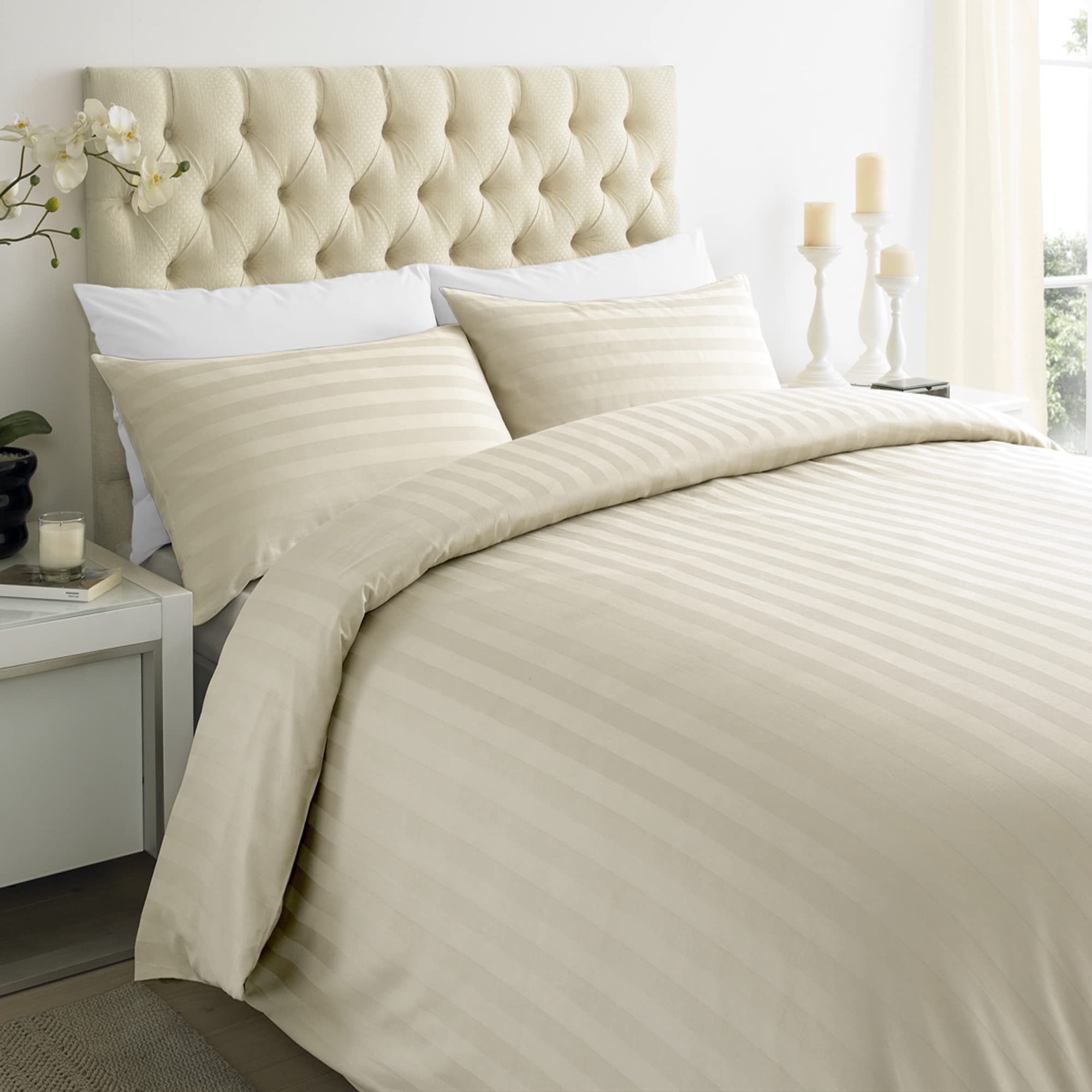 ED Luxury 250 Thread Count 100% Cotton Sateen Stripe Duvet Bed Cover with Housewife Pillowcases | 250 TC Hotel Striped Bedding (Single/Ivory)