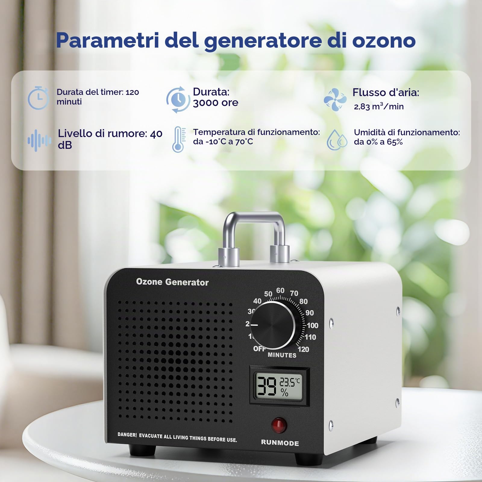 Generatore di ozono 60000 mg/h, purificatore d'aria, con display umidità temperatura, timer 120 minuti per stanza 320㎡ per casa, auto, ufficio, garage, fumo, odori di animali domestici