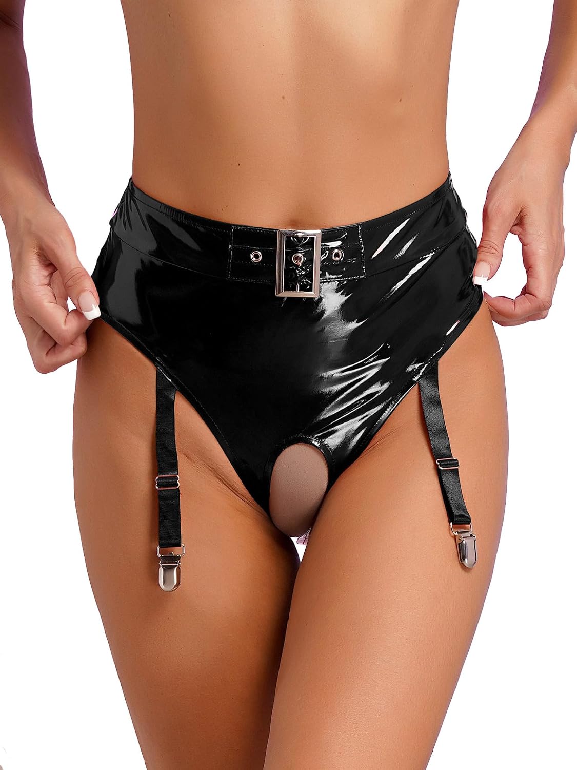 Womens Crotchless Leather Booty Shorts Cheeky Dance Rave Bottoms with Metal Garter Clips