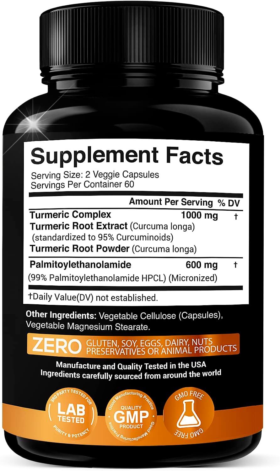 Palmitoylethanolamide 600mg + Turmeric Curcumin Complex 1000mg: Micronized Pea 99% Highly Purified and Bioavailable - Made in USA - Supplement for Men and Women - 120 Veggie Capsules