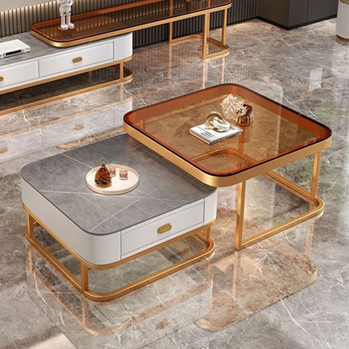 Table basse en verre facile à assembler pour salon avec rangement doré