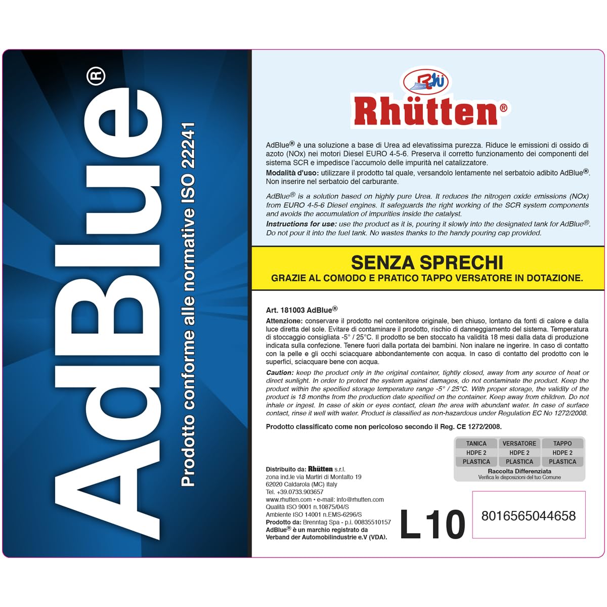 Rhütten, AdBlue Motori Diesel, Basf, Additivo di Sintesi, Urea Purissima, ISO 22241, preserva SCR, Blocca Impurità Catalizzatore, Motori Euro 6, Tappo Versatore, 10L