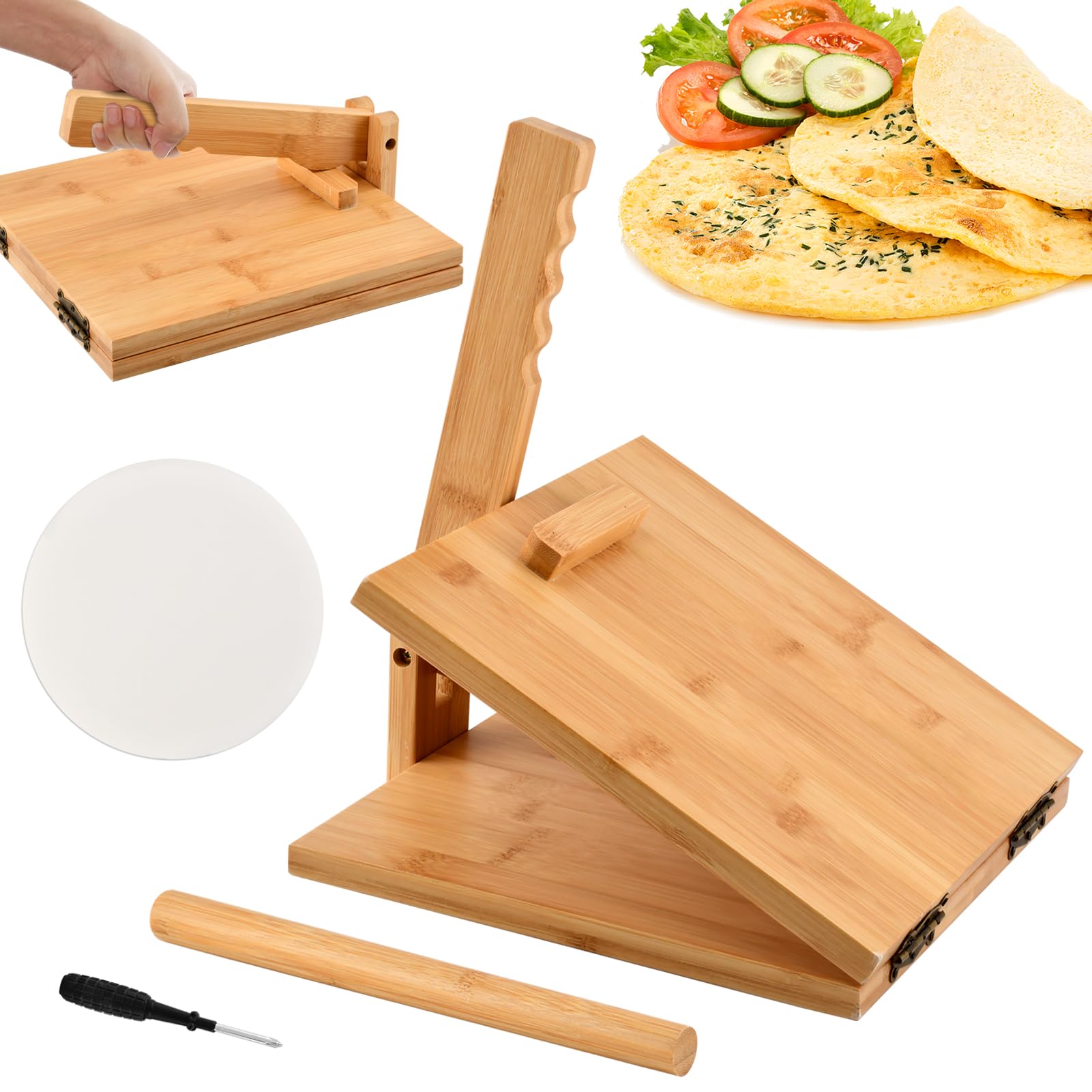 Upgraded Bamboo Wooden Tortilla Press, 10 Inch Bamboo Tortilla Maker with 50 Parchment Paper and 1 Rolling Pin, Mexican Tortillera Presser for Homemade Tortillas, Pataconera