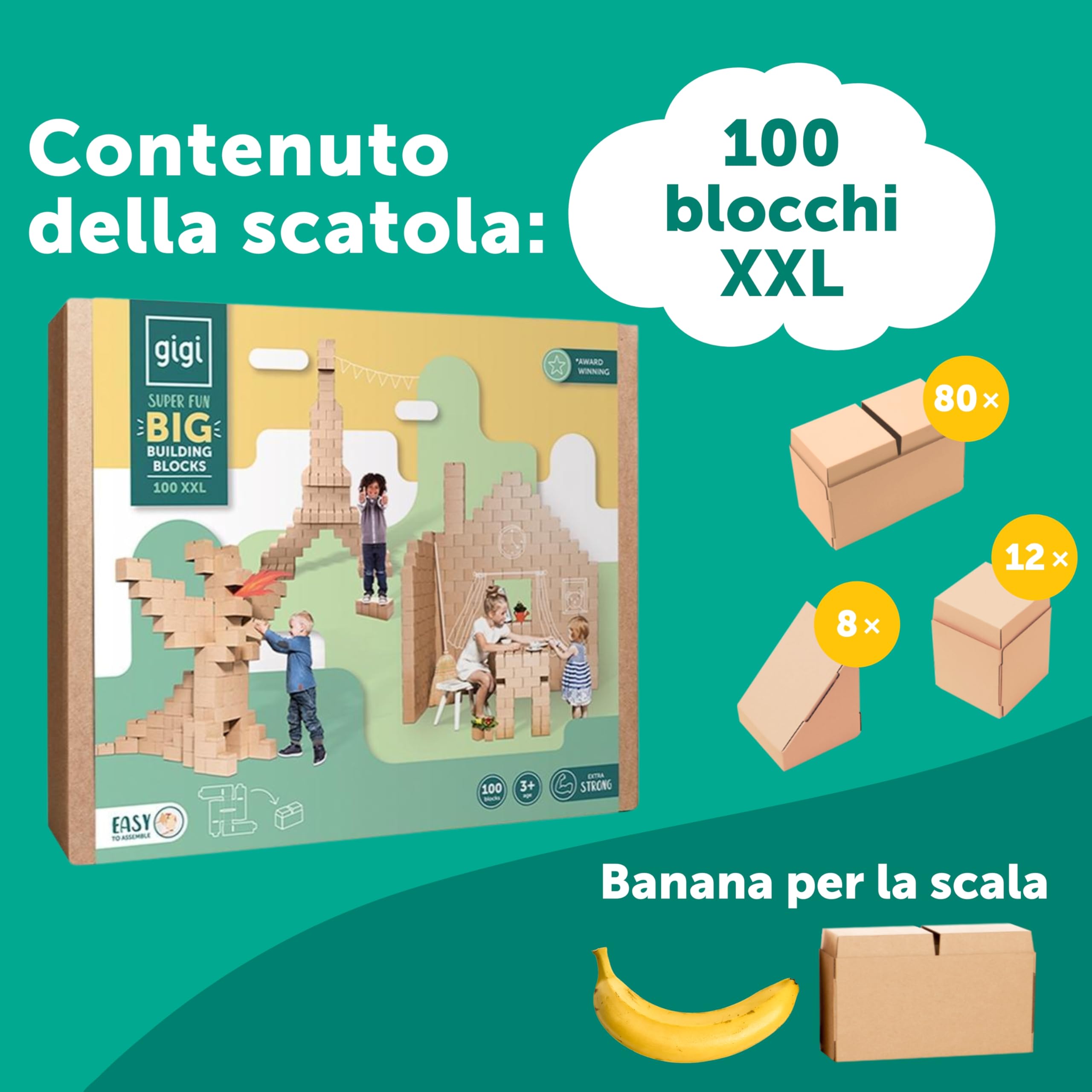 GIGI Bloks 100 Mattoncini Costruzioni Grandi per Bambini XXL Impilabili & Incastro | Cartone Blocchi Costruzioni per Bambini Robusti e Facili da Montare | Grandi Giochi Montessori Creativi & Educativi