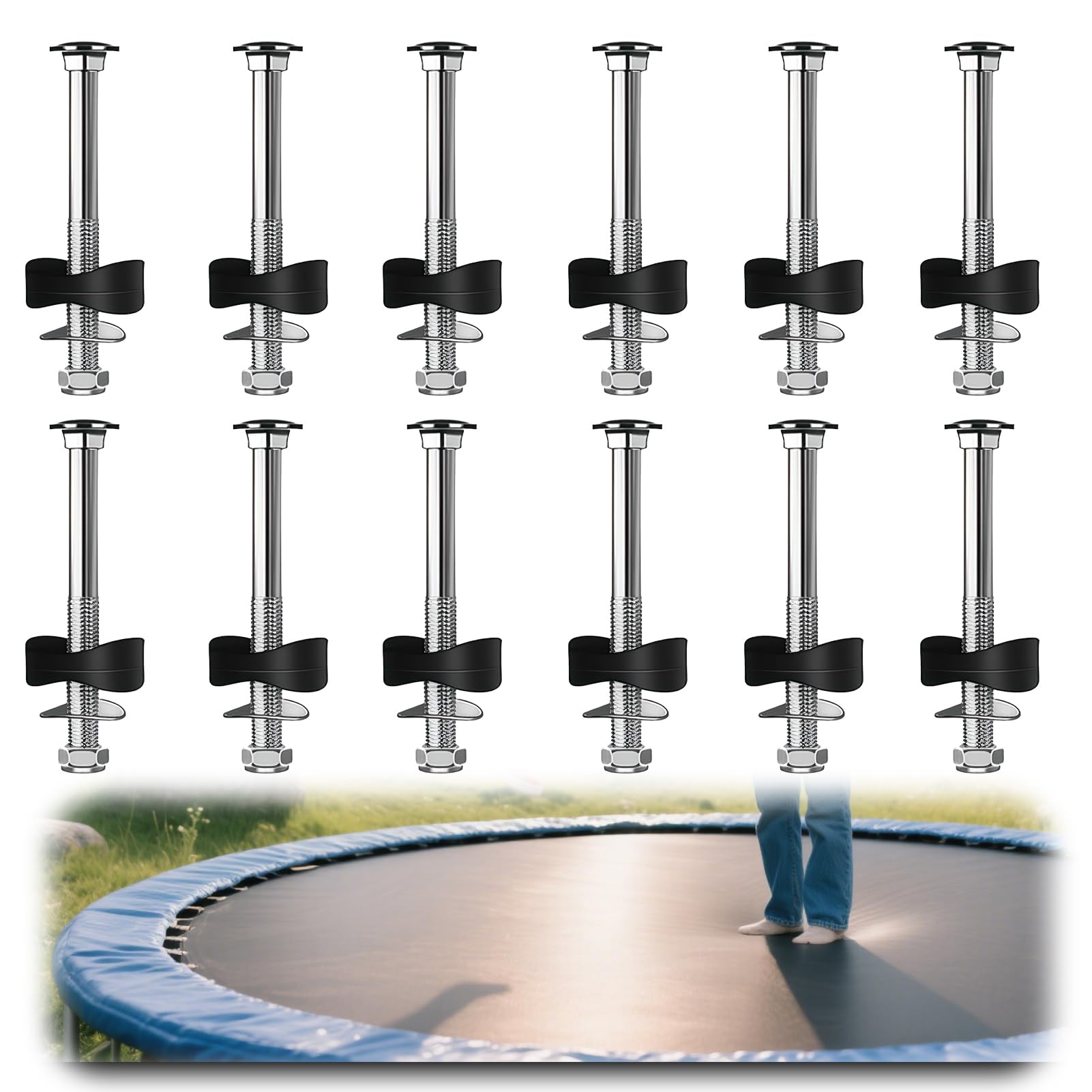 Lot de 12 Vis Trampoline avec Écrous Rondelles et Capuchons, Accessoires Trampoline pour Fixation Sécurisée, Pièces Détachées Résistantes pour Trampoline de Jardin et Extérieur