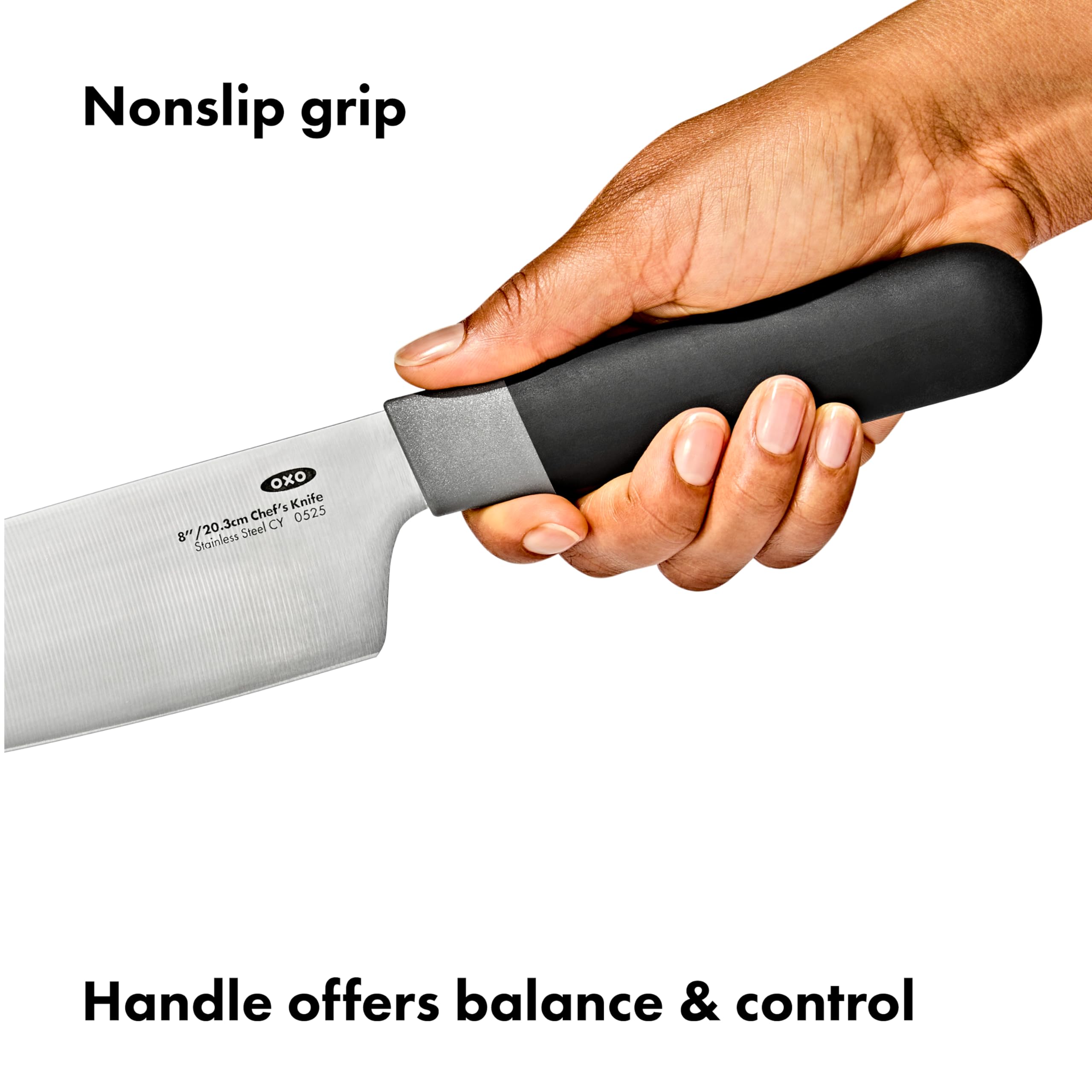 OXO Good Grips 8 in Chef’s Knife with Locking Sheath, Sharp Stainless Steel Kitchen Knife for Chopping, Dicing, and Mincing Herbs and Meat, Cooking Essential with Protective Cover — Amazon image 3