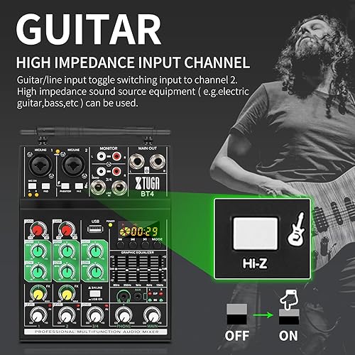 Miniatura 3 de XTUGA BT4 Mezclador de audio para karaoke, mezclador de sonido de 4 canales con micrófono inalámbrico doble, consola de tablero de sonido, MP3,