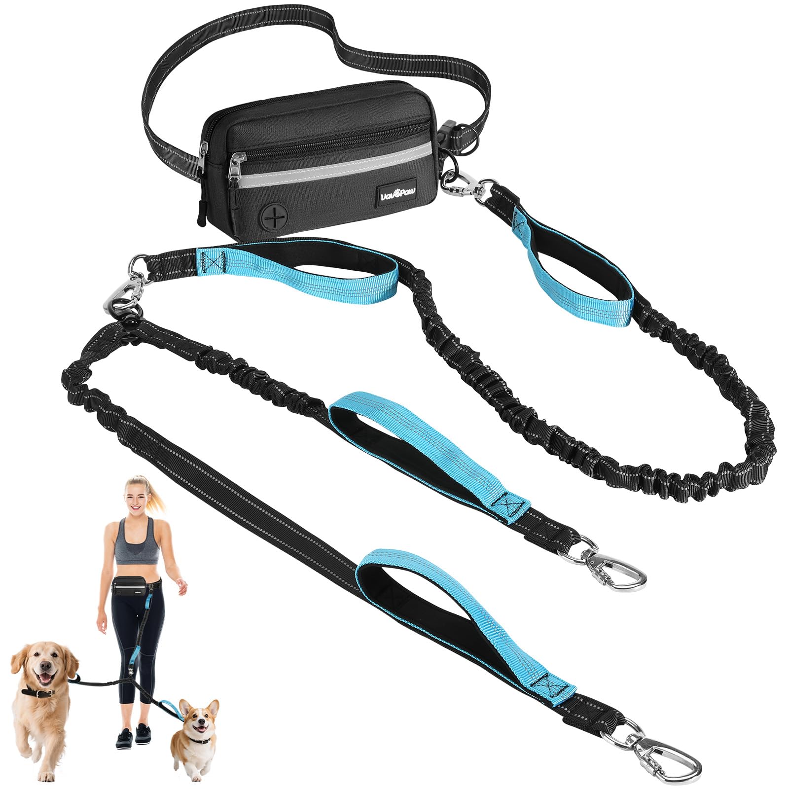 Hands Free Dog Leash for 2 Dogs with Pouch, Waist Leash for Dog Walking, Jogging, Hiking, Retractable Leashes with Dual Padded Handles, Adjustable Reflective Belt for Small, Medium, Large Dogs