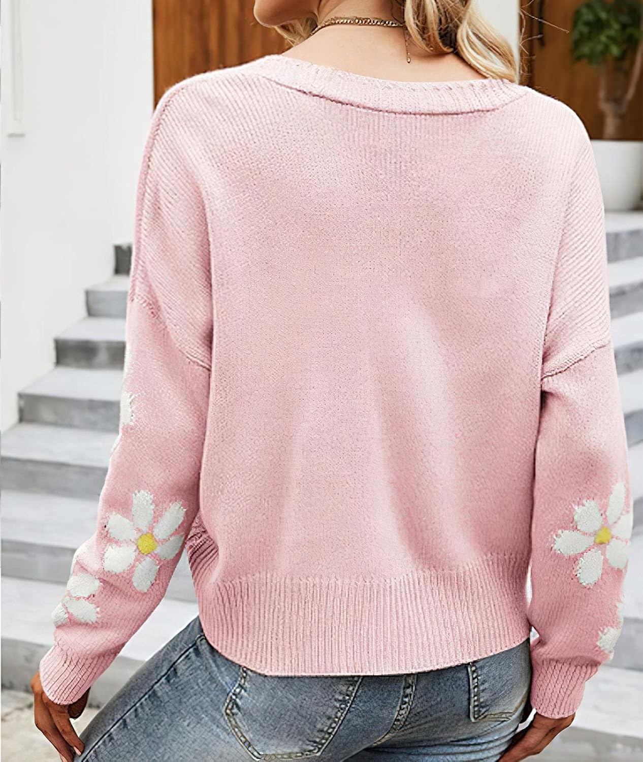 ebossy Womens Ribbed Knit Cardigans Slouchy Cute Smile Graphic Pretty Daisy Button-up Jacquard Knitted Sweater Coat - Image 3