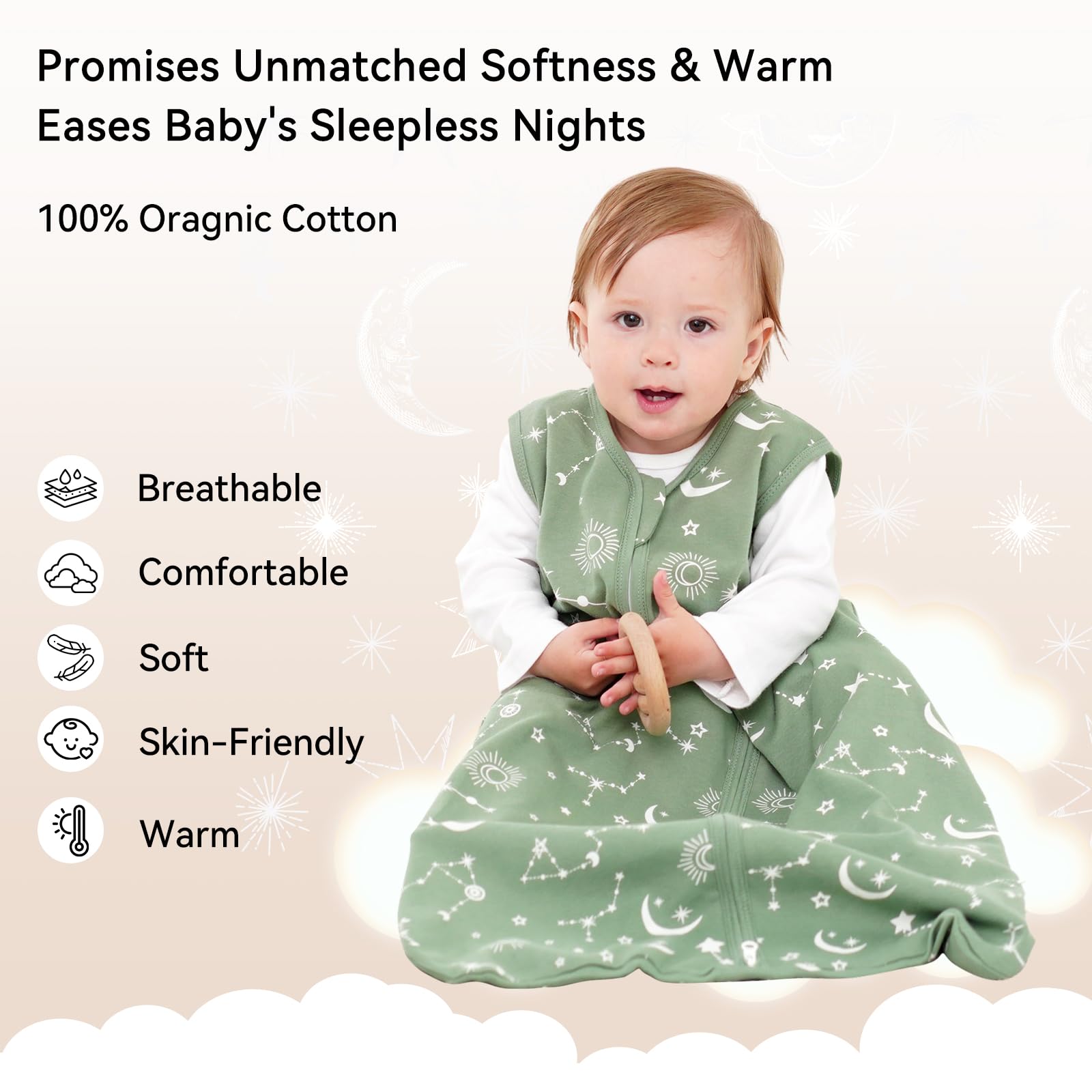 Unnivoll Set di 3 Sacco Nanna per Bambini 100% Cotone Sacco a Pelo Estivo 0.5 TOG Sacco Nanna per Neonato Ragazze e Ragazzi 18-24 Mesi Costellazione grigio verde