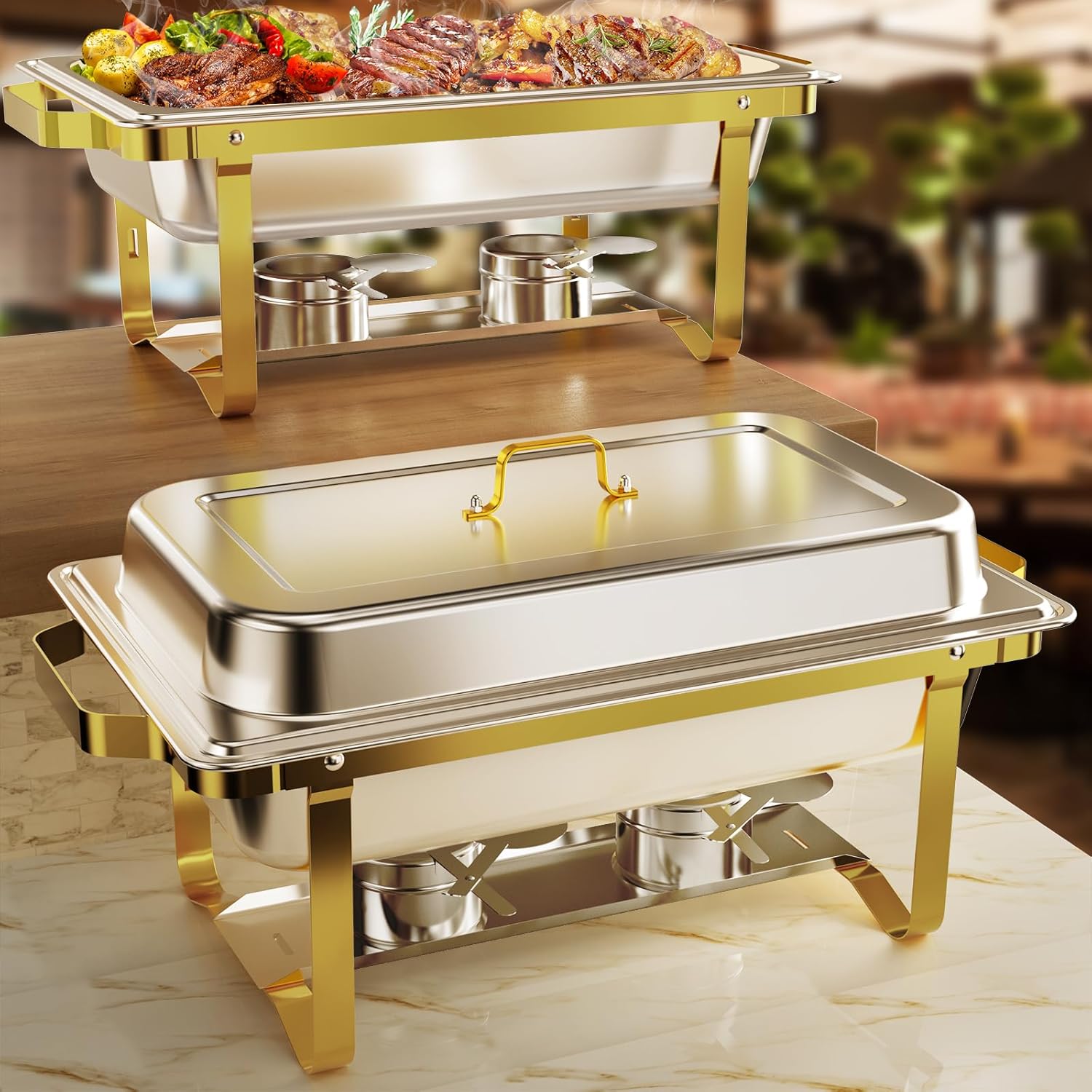 ROOMTEC Chafing Dishes for Buffet 2 Pack, 8QT 304 Stainless Steel Chafing Dish Buffet Set, Chafers and Buffet Warmers Sets for Birthday, Wedding, Rolled-Edge Design, Gold and Silver