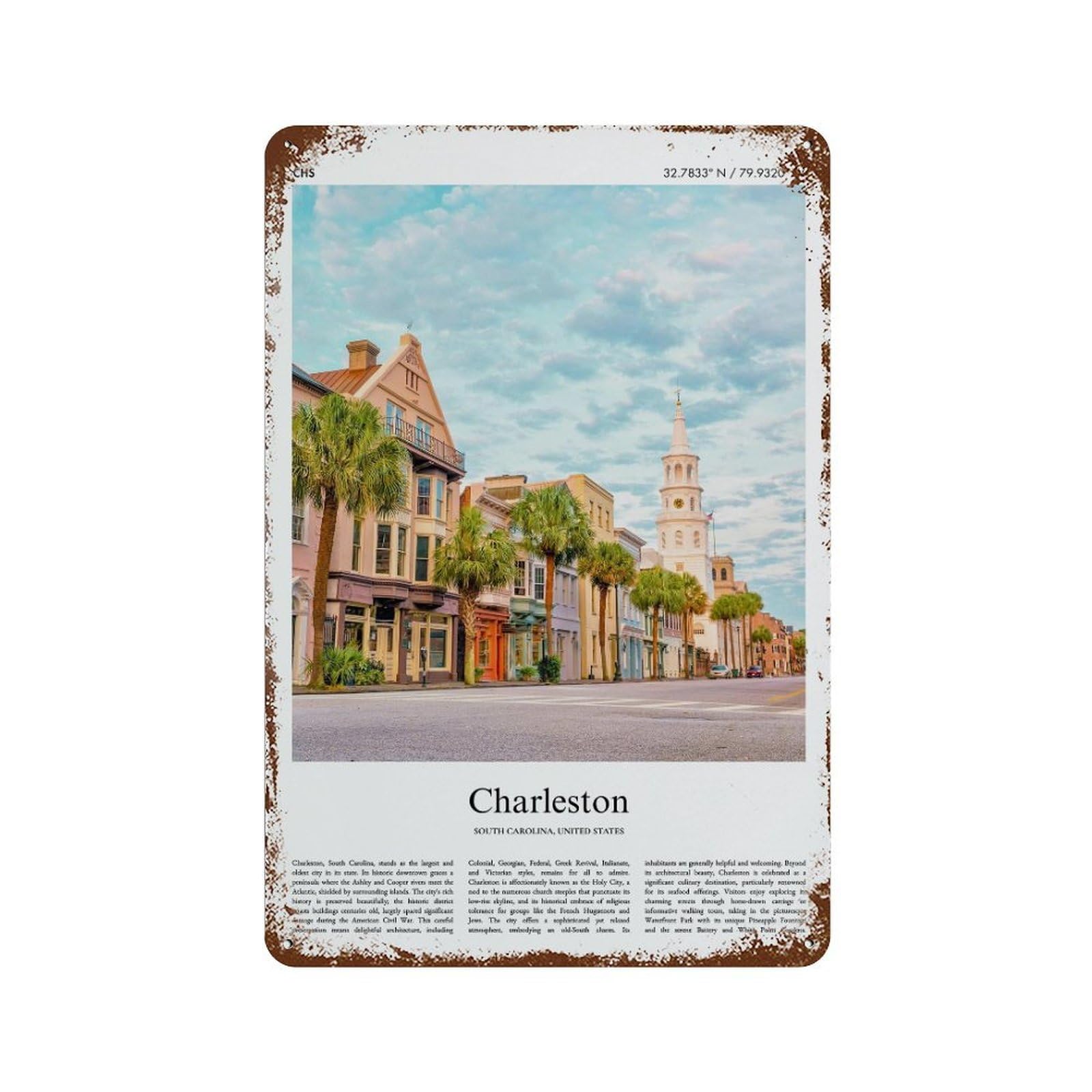 xiaoxiaoshen Charleston South Carolina, United States, USA City Scenery Wall Decor Art Metal Tin Poster Modern Home Decor Art Home Bar Shop Decorations Vintage Sign 30x20cm