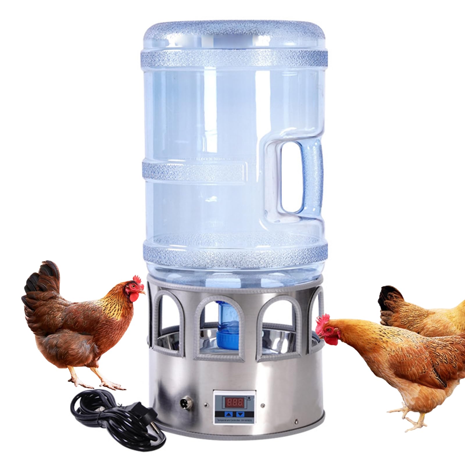 Agua de pollo con calefacción, dispensador de agua de 5 galones con calentador, termostato ajustable, diseño a prueba de congelación para pollos, patos, palomas y gansos