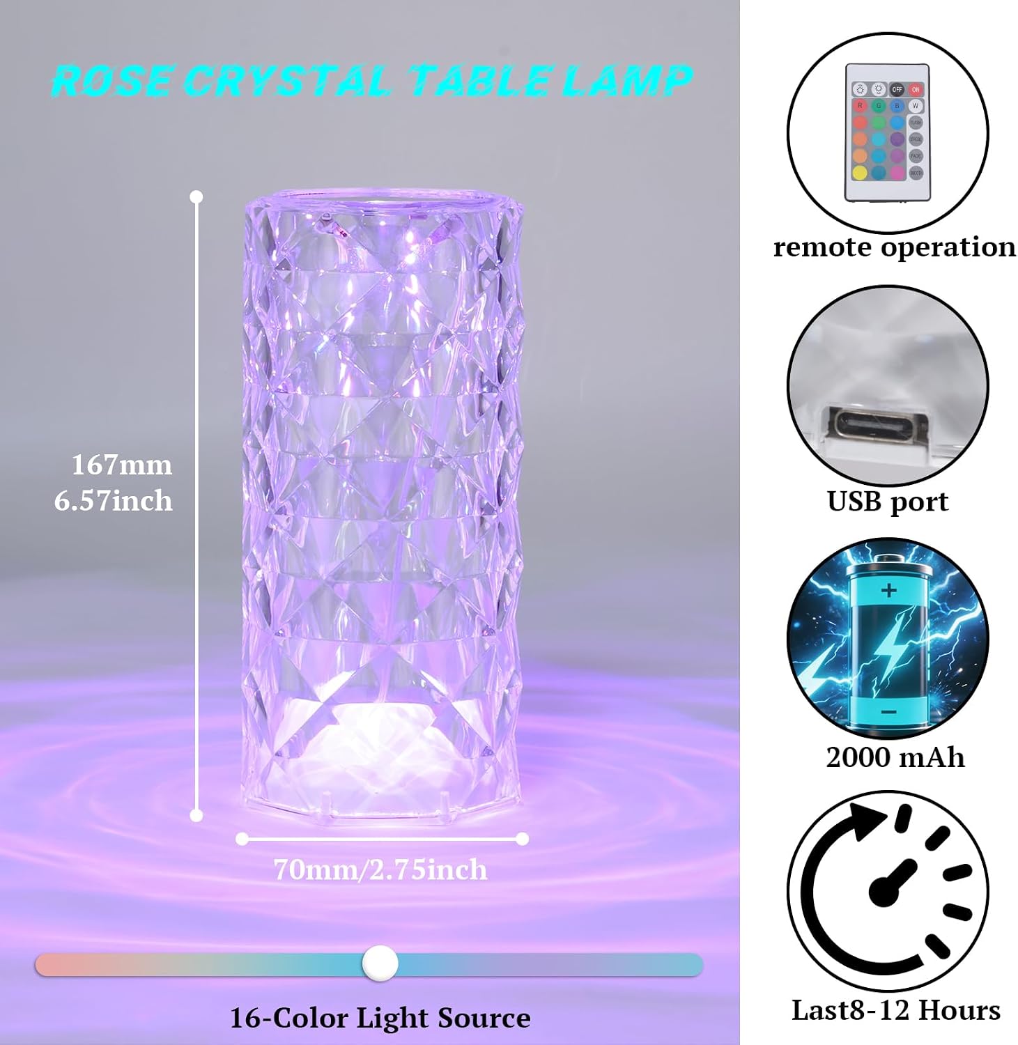 6.3" Rechargeable Crystal Table Lamp, RGB Dimmable Touch & Remote Light image 3