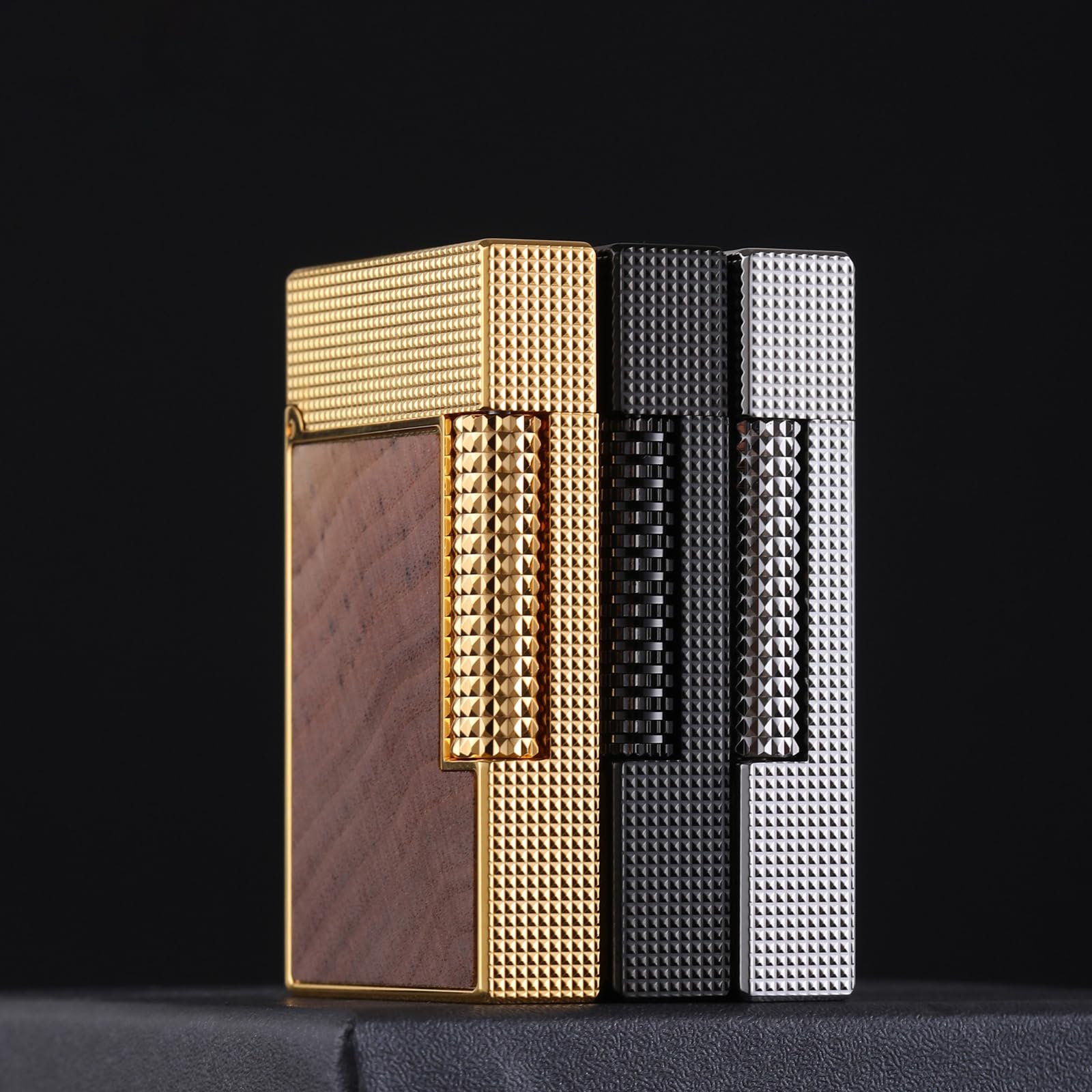 Mechero de butano, diseño de grano de madera exquisitamente tallada, encendedor de gabardina de encendido lateral para hombres, para coleccionistas