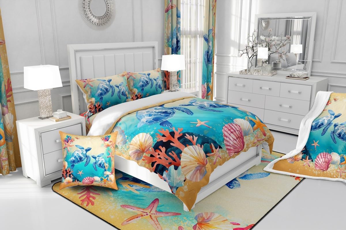 Sea Turtle Duvet Cover Set Toddler Size,Watercolor Blue Tortoise Sealife Reversible Quilt Cover for Kids Boys Girls Summer Starfish Shell Coral Bedding Set with 1 Pillowcase,No Comforter