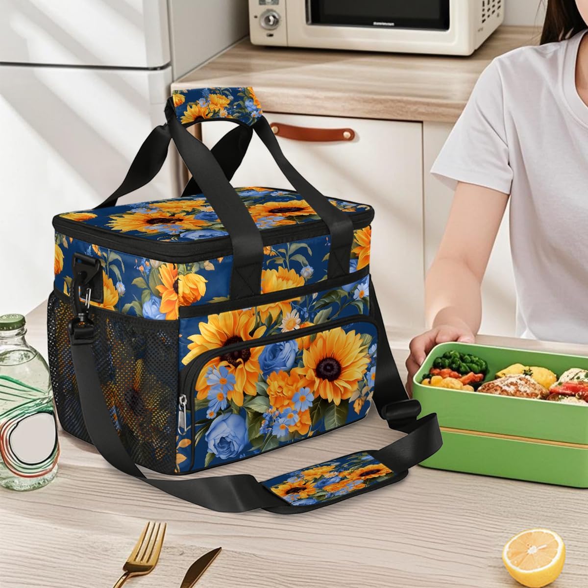 Large Lunch Box for Women Men Insulated Thermal Lunch Tote Bag Sunflower Reusable Cooler Bag Portable Adult Lunchbox Container with Adjustable Strap for Work Picnic