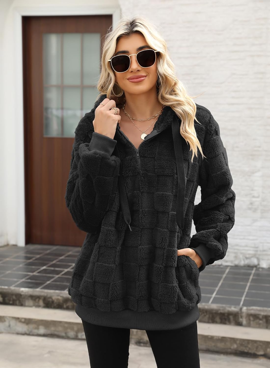 Nirovien Womens Sherpa Pullover Oversized Fuzzy Hoodie Double Fleece Sweatshirts Fluffy Plaid Outerwear Warm Coats - Image 7