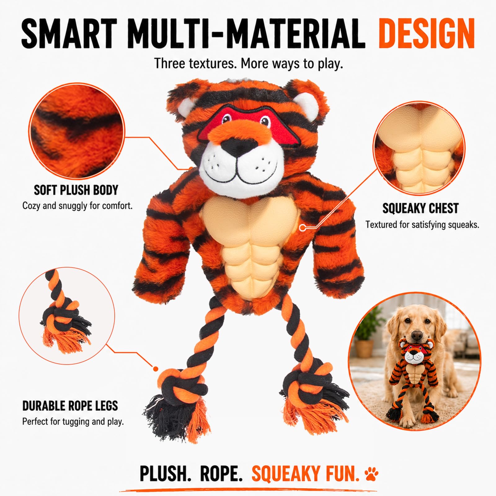 Juguete de cuerda chirriante de tigre de peluche, razas de perros pequeños y medianos, juguete de peluche interactivo duradero para masticadores agresivos, dentición de cachorros, ejercicio,