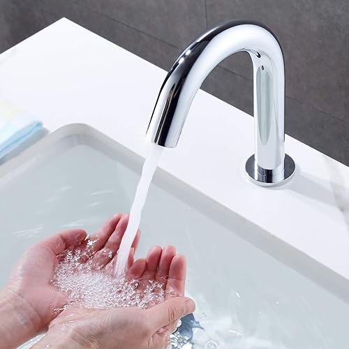 Vista 20 de Grifo de lavabo de baño con sensor automático con placa de cubierta de agujero, sin contacto, latón, grifo de agua de baño con mezclador