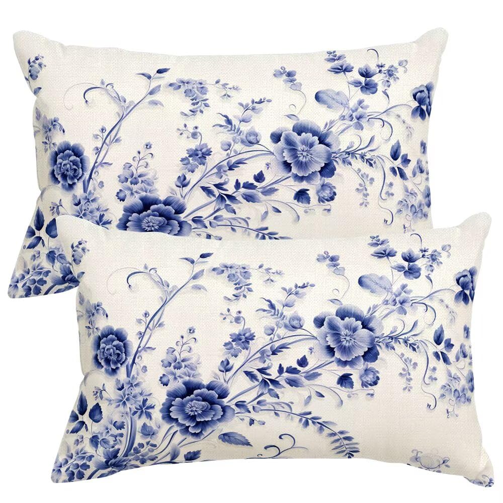 Housse de coussin 30x40 cm lot de 2 fleur bleu taie d'oreiller décoratif salon canapé