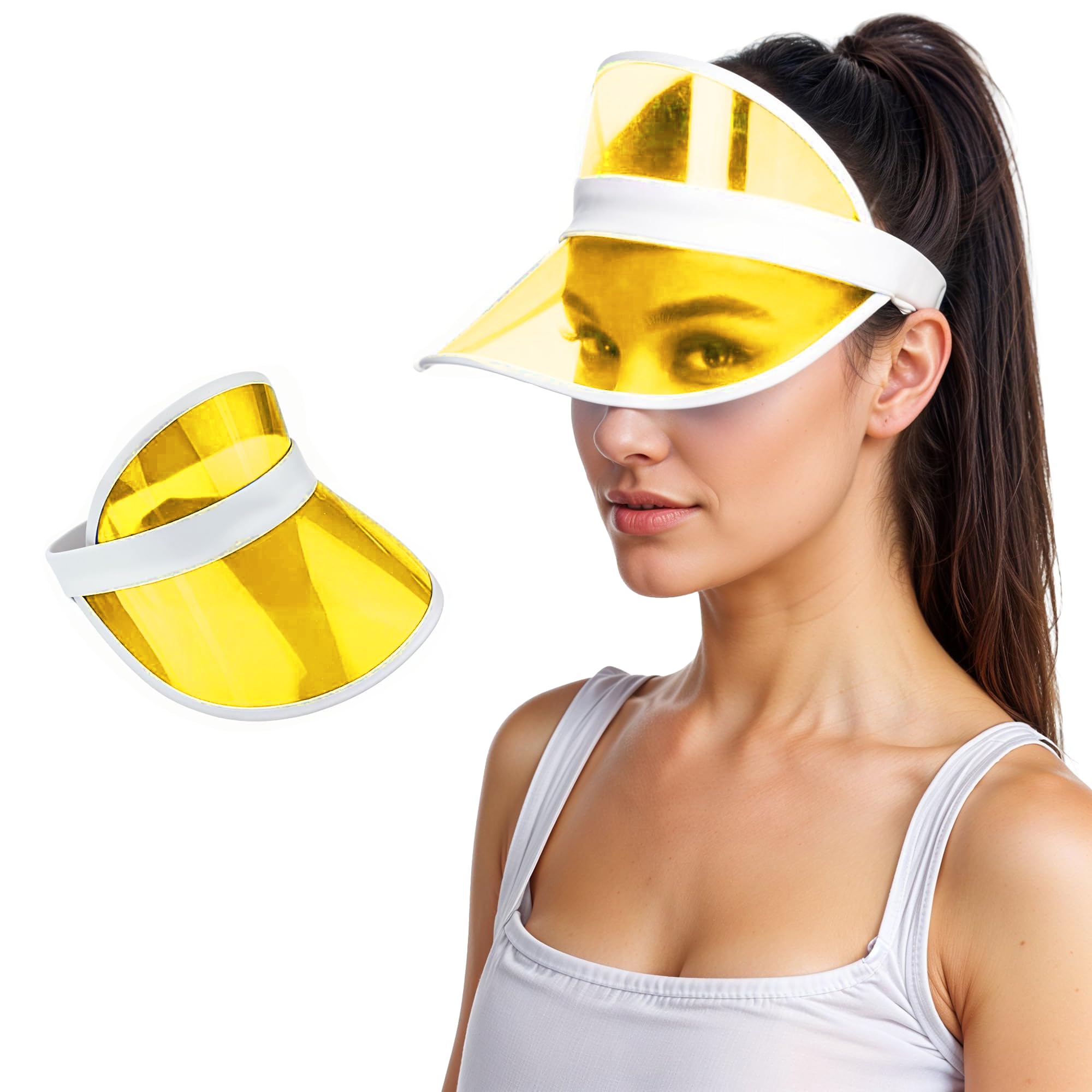 WickedFun® Unisex Retro 80s Neon Sun Visor Hat Headband Cap for Golf Tennis Stag Poker Party (Yellow)