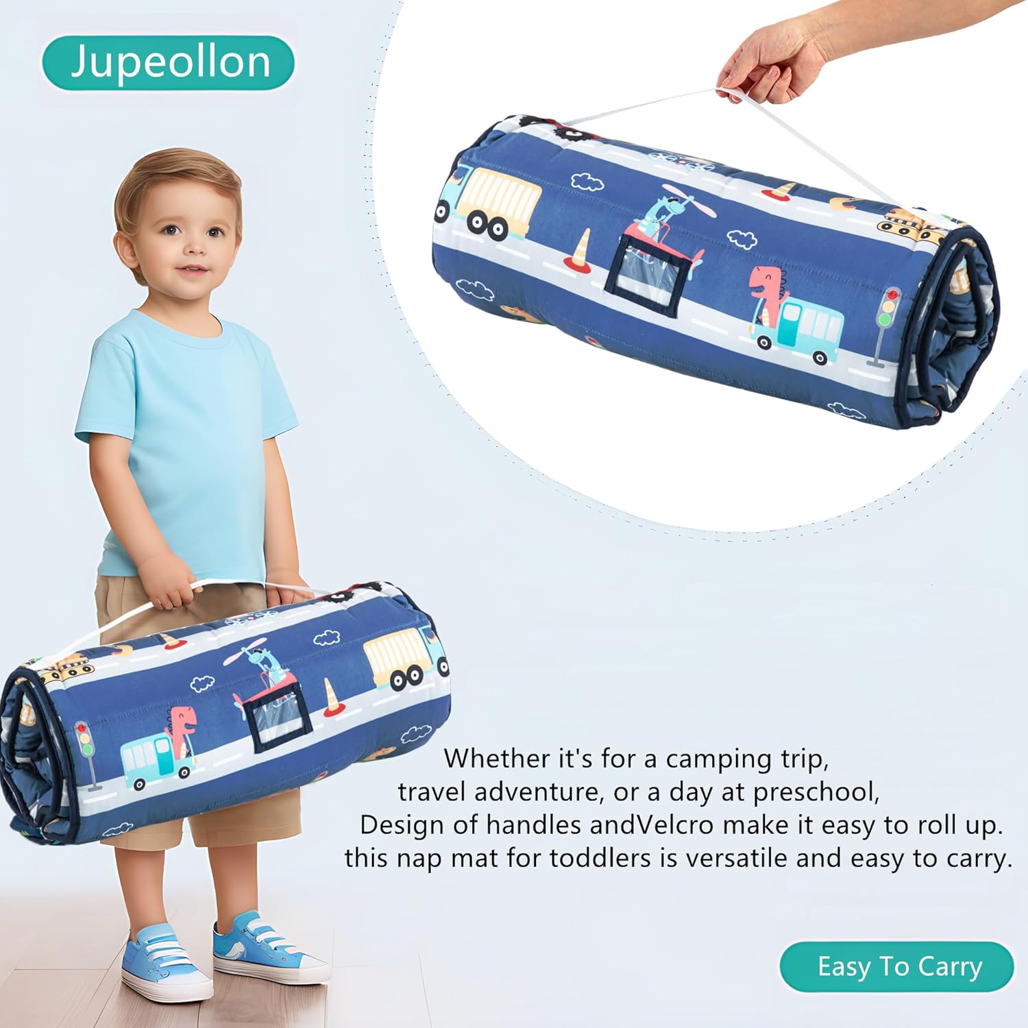 nap mat for Toddlers Sleeping Bag with Removable Pillow and Fleece Blanket Boys & Girls Thickened Soft Travel nap mats for Preschool Daycare Portable Kids Sleeping Mat Blue Car Dinosaur