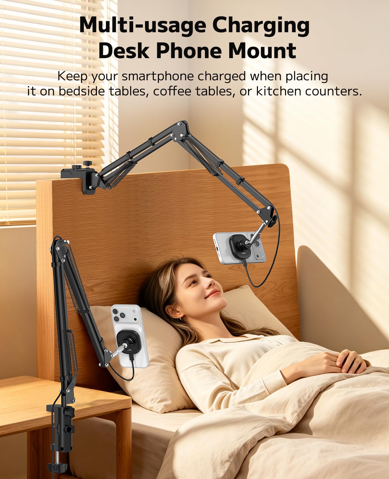 VRIG - Supporto magnetico wireless per telefono da letto, supporto articolato flessibile da tavolo, compatibile con iPhone 17/16/15/14, ideale per registrazione video, riunioni zoom, streaming live
