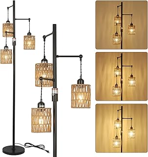 Rattan Floor Lamp, 3-Lights Boho Floor Lamp with Stepless Dimmer, 65" Farmhouse Rustic Floor Lamps for Living Room, Tall Tree Floor Lamp with Rattan Shades, Dimmable Standing Lamp for Bedroom
