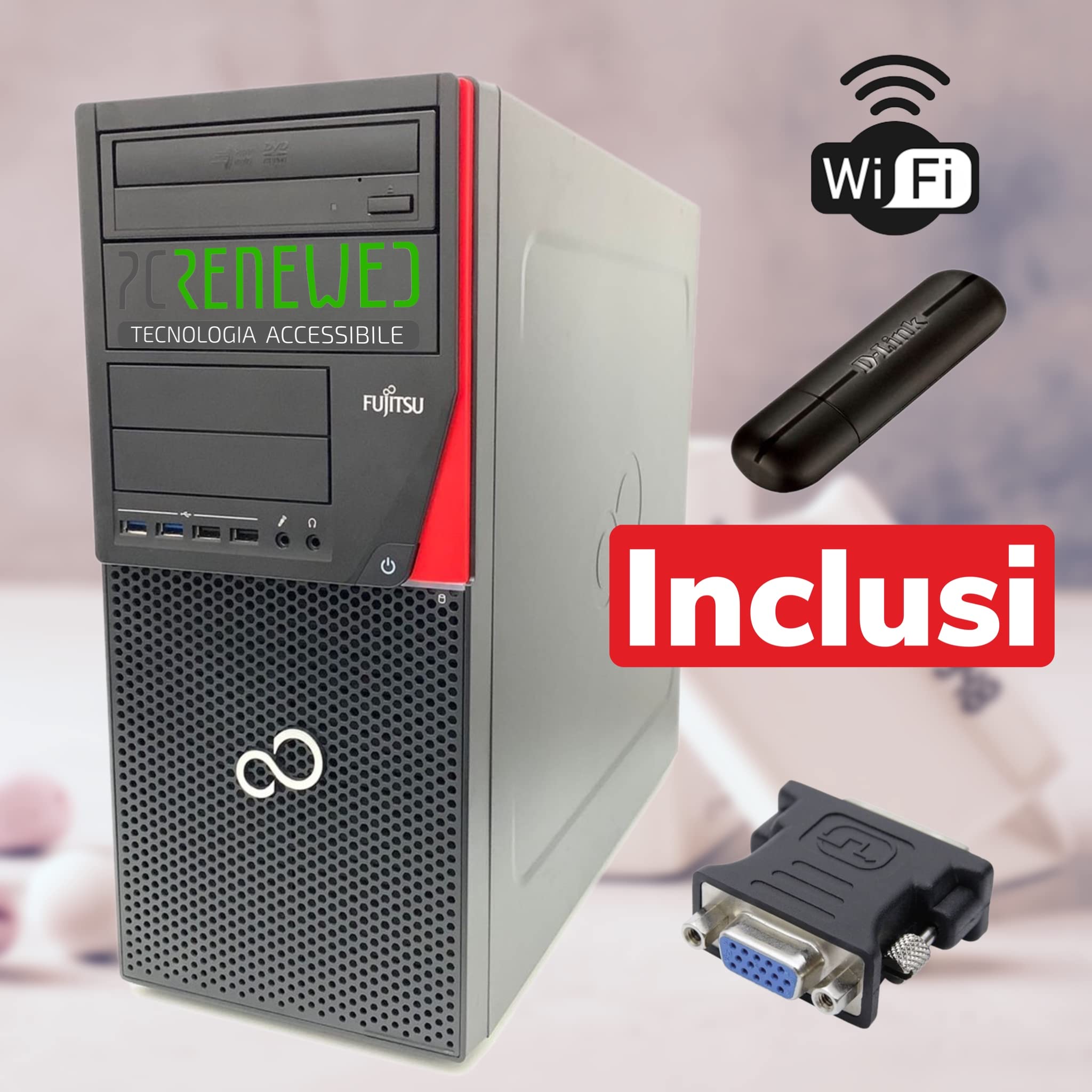 PcRenewed PC fisso COMPUTER DESKTOP Fujitsu Esprimo P710, Processore Intel Core i3, 8GB RAM DDR3, SSD 128 + Hard Disk 500GB, DVD-ROM, USB 3.0, WIFI, Windows 10 Professional (Ricondizionato)