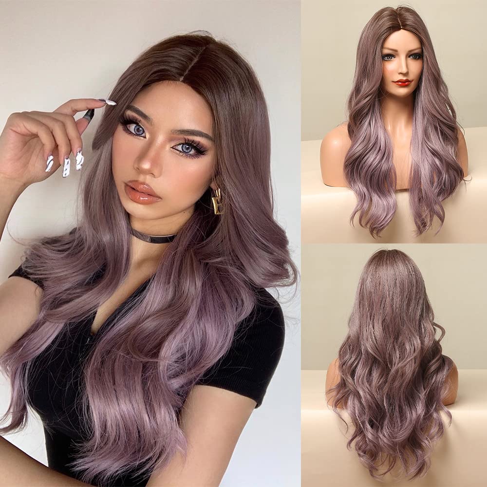 FORCUTEU Long Wavy Synthetic Wigs Ombre Purple Wig Middle Part Natural Hair Wigs for Women Cosplay Wigs Heat Resistant Fiber (Ombre Purple)