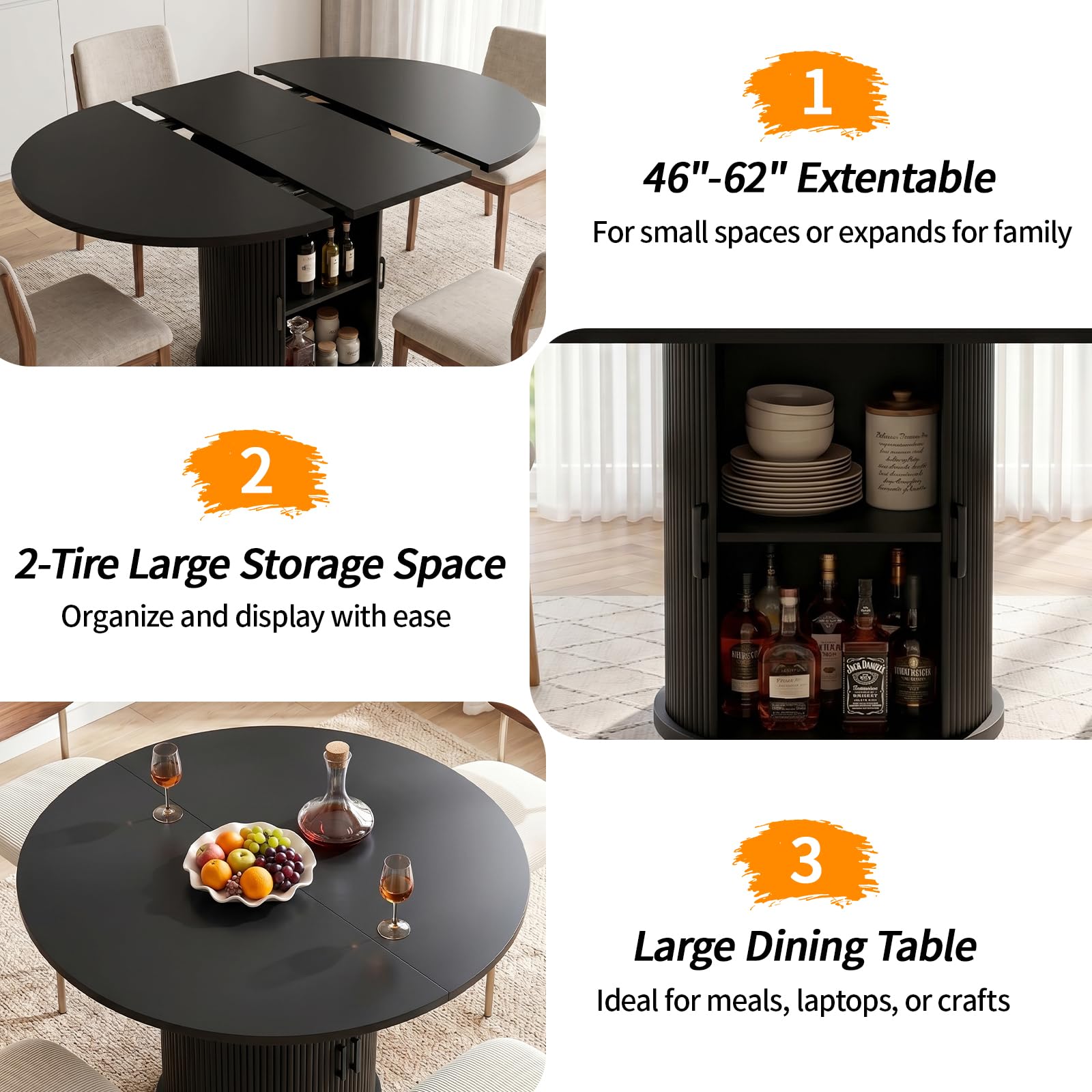 Tavolo da pranzo rotondo allungabile per 4-6 posti, 118-158 cm, ovale da cucina con armadio nascosto, si estende fino a ovale, per casa, sala da pranzo, soggiorno, nero