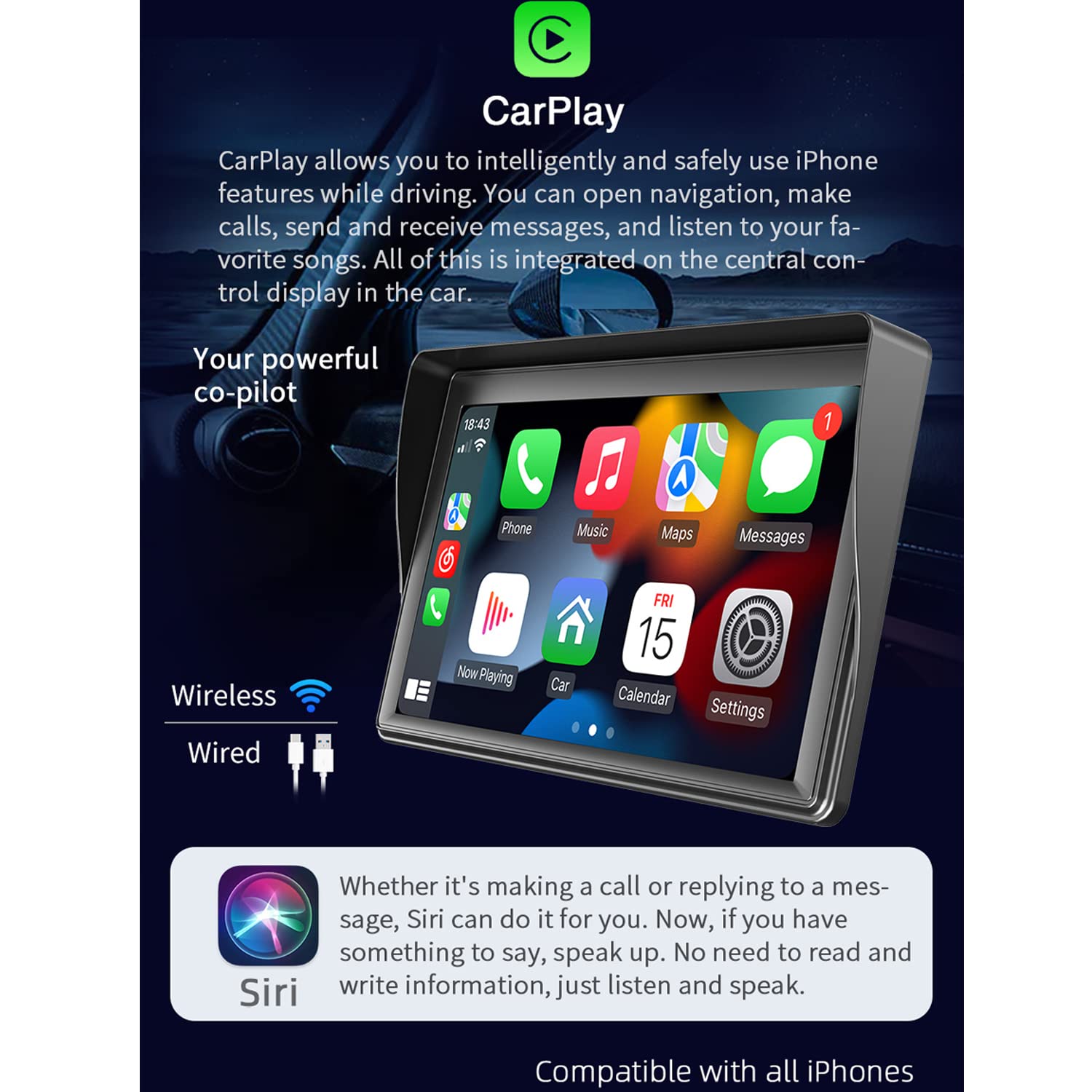 Compatible for monitor portatile per auto wireless Carplay Android Auto, autoradio portatile 7" touchscreen con Mirror Link Trasmettitore FM Bluetooth Porta scheda AUX / USB / TF Telecomando 9V-36V
