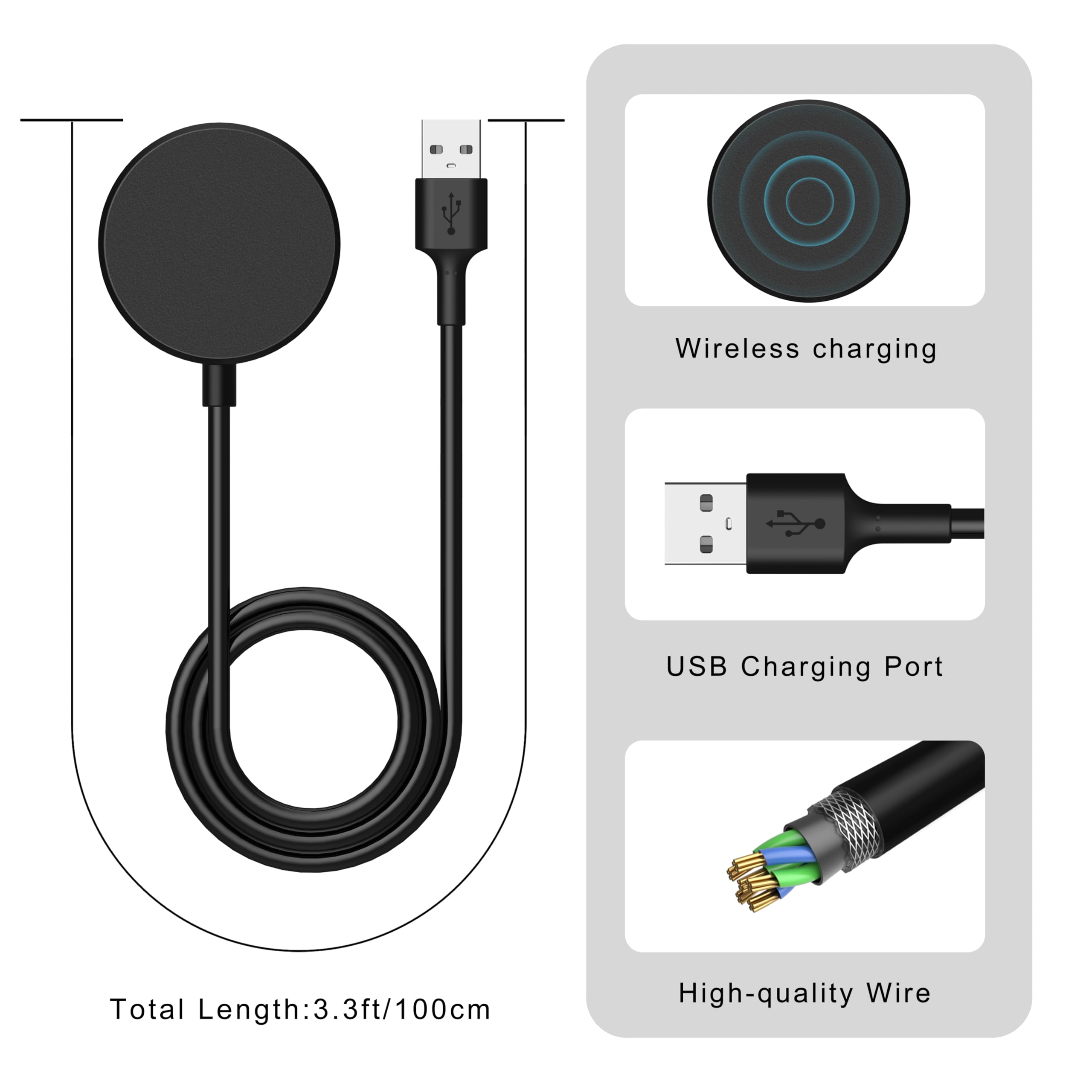 [2-Pack] Charger Cable Compatible with Samsung Galaxy Watch 6/6 Classic/5/5 Pro/4/4 Classic/3/Active/Active Wireless Charging Dock, Replacement Charging Dock 3.3ft, Black
