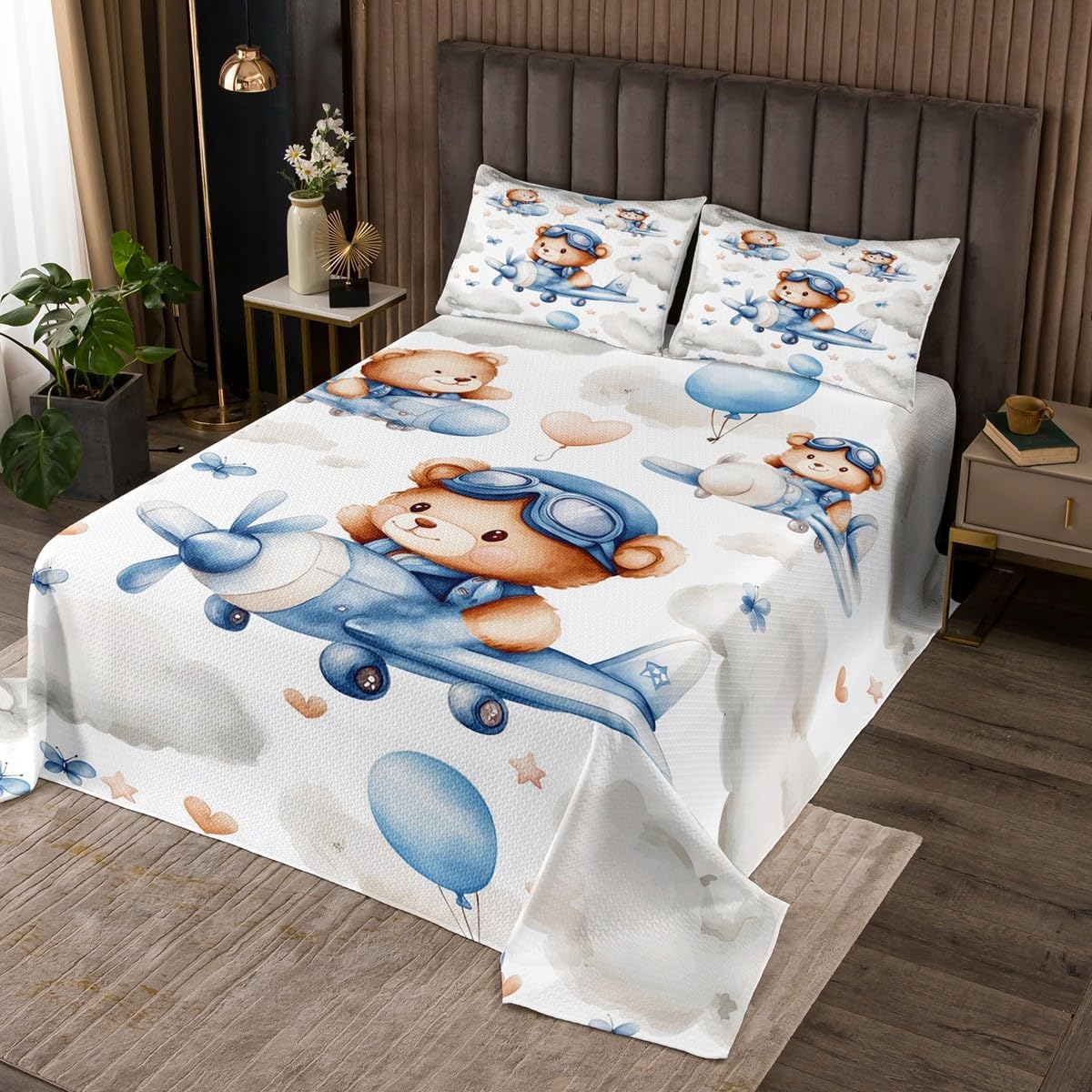 Homewish Flying Theme Bear Bedspread Twin Size,Cute Animal Airplane Bedding Set for Kids Girls Boys Room Decor,Star Love Printed Balloon Coverlet Set 2Pcs,Butterfly Wildlife Quilt,1 Pillowcase