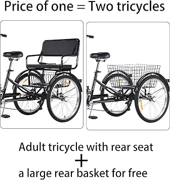 Adult Tricycle 7 Speed, 3 Wheel Bikes with Rear seat, Adult Trikes 20/24 inch Wheels Low Step-Through with Cargo Basket,3 Wheels Bike for Adult,Tricycle for Adults Women Men