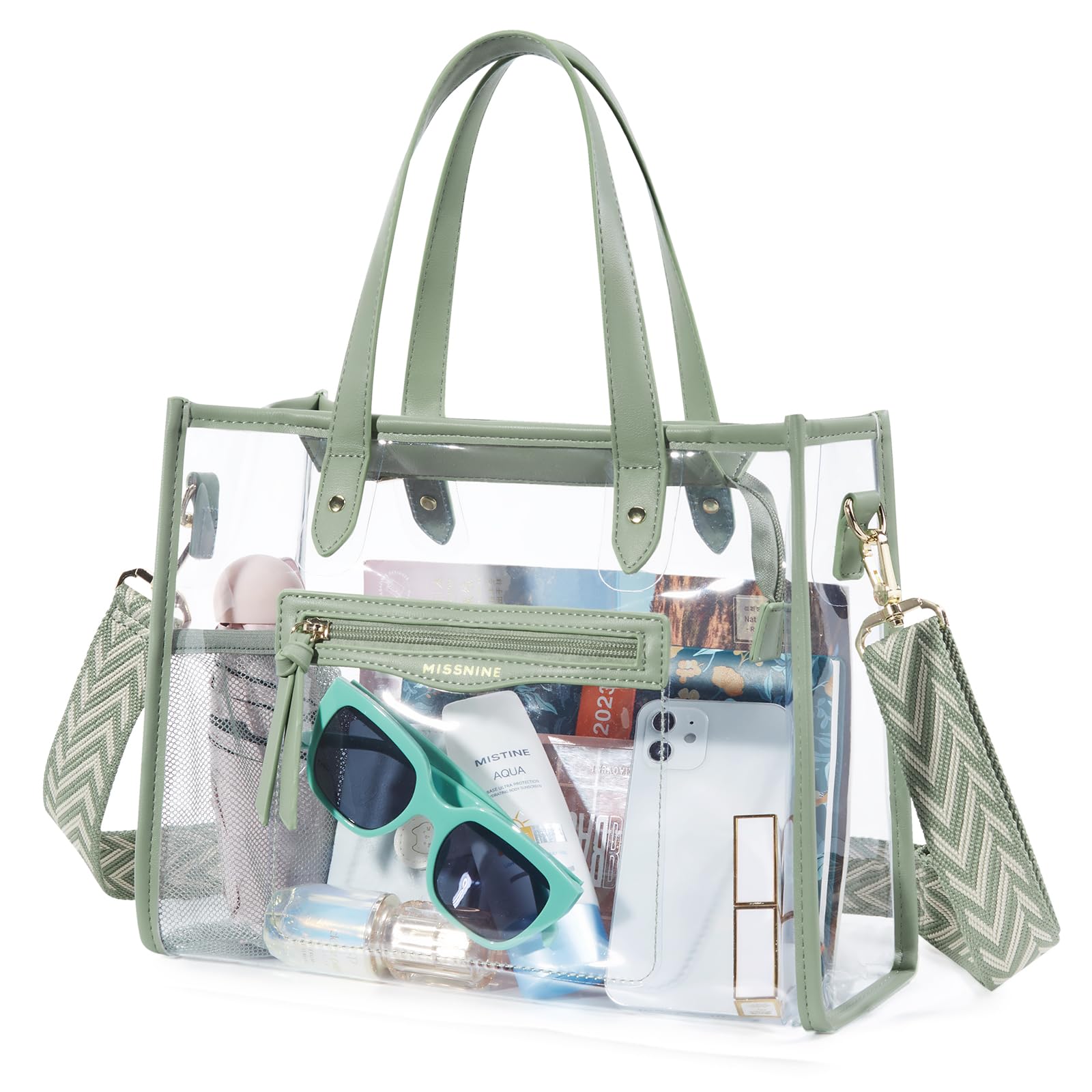 Missnine Clear Bag for Stadium Events Thick PVC Clear Tote Bag for Women with Guitar Strap for Sports Concert Beach