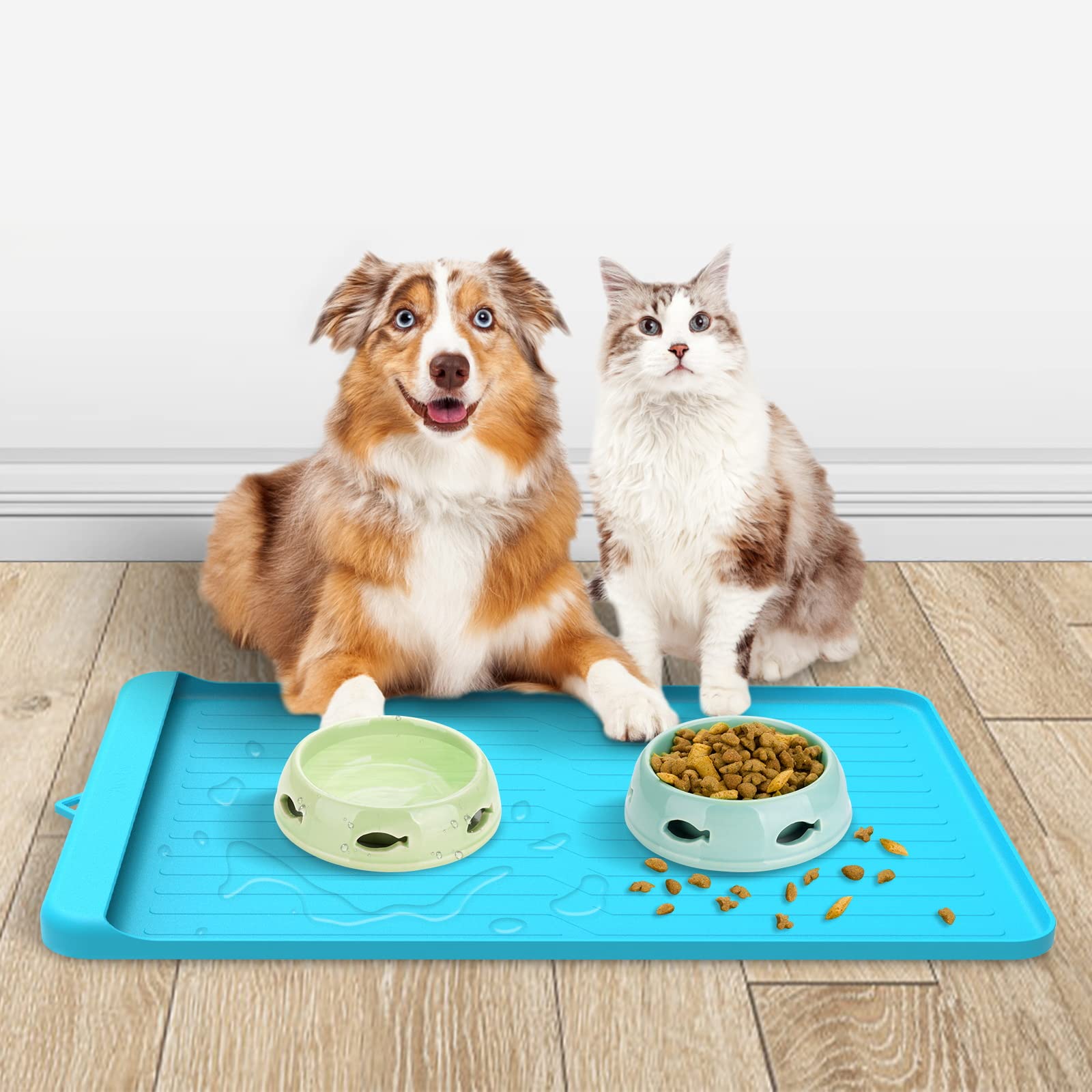 AECHY Dog Mat for Food and Water, Silicone Dog Food Mat with Pocket for Catches Spill and Residue, Multiple Sizes, Colors Dog Feeding Mat, Non Slip Cat Dog Water Bowl Mat with High Edges Cat Food Mat