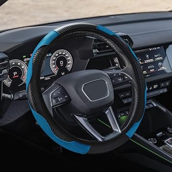 Car Steering Wheel Cover, Non-Slip Car Wheel Cover Protector, 15 inch Carbon Fiber Microfiber PU Leather Elastic Steering Wheel Protector for Men Women, Universal Auto Accessories Blue