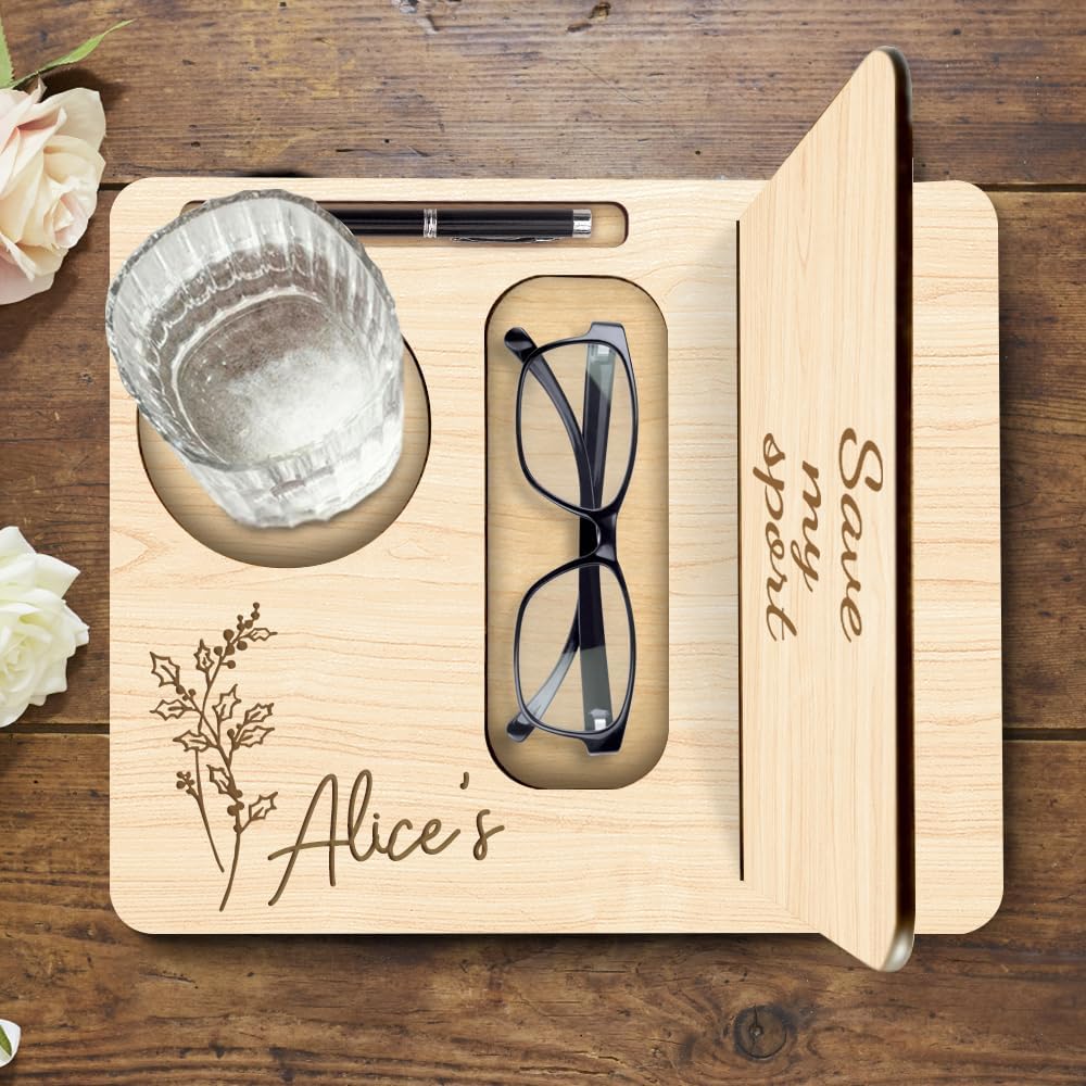 Personalized Solid Oak Triangle Bookshelf Stand, Wood Rest Case With Coffee Drink Holder, Custom Christmas Birthday Gift for Her Women Book Lover (Style 4)