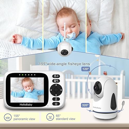Miniatura 4 de HelloBaby Monitor de bebé de 3.2 pulgadas, 2 cámaras, monitor de video audio para bebés sin WiFi, zoom panorámico remoto, visión nocturna