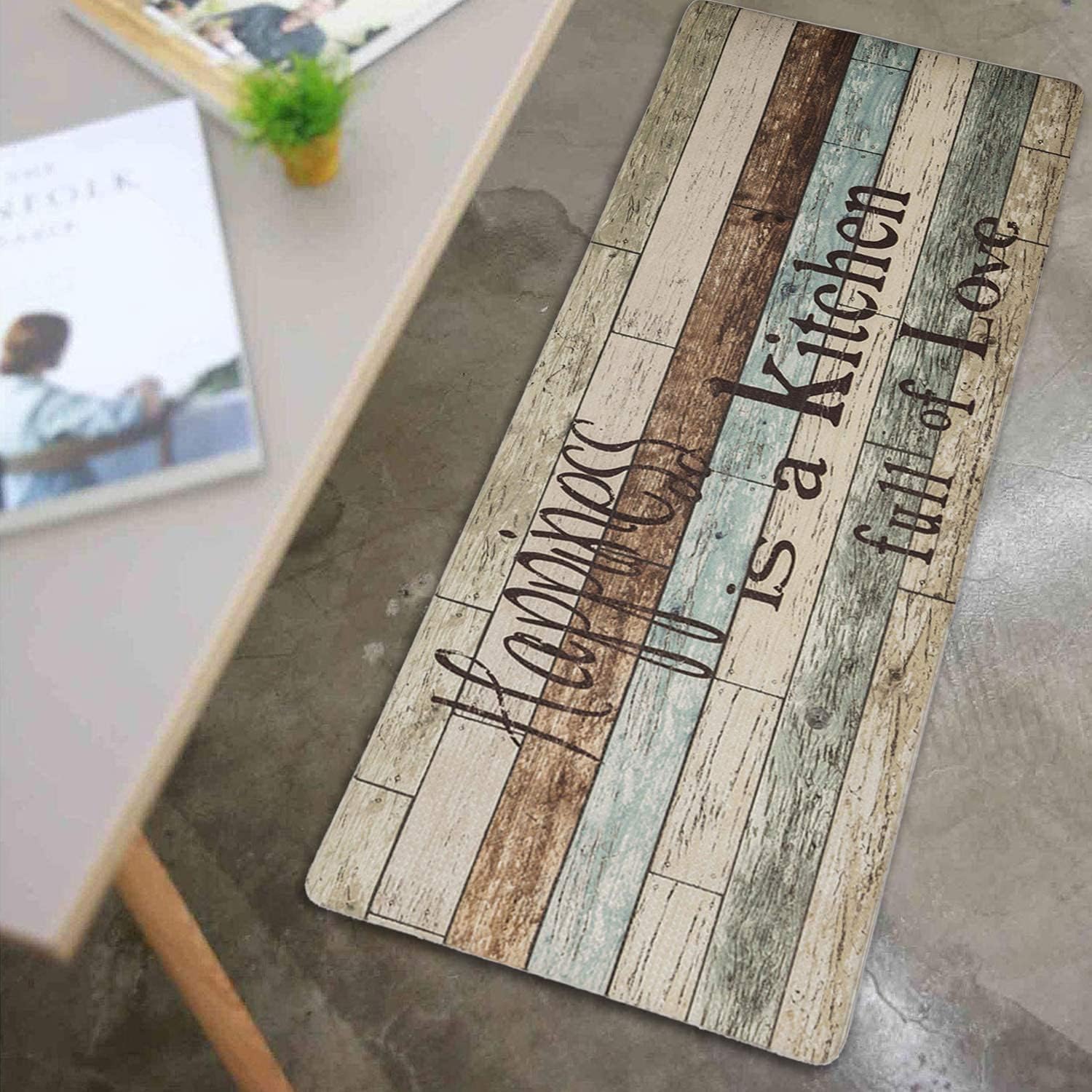FRESHMINT Farmhouse Kitchen Mats Sets 2 Piece Cushioned Comfort Mat for Home & Office Ergonomically Engineered Memory Foam Kitchen Rug Waterproof Non-Skid, 30" by 17" + 47" by 17",Happiness