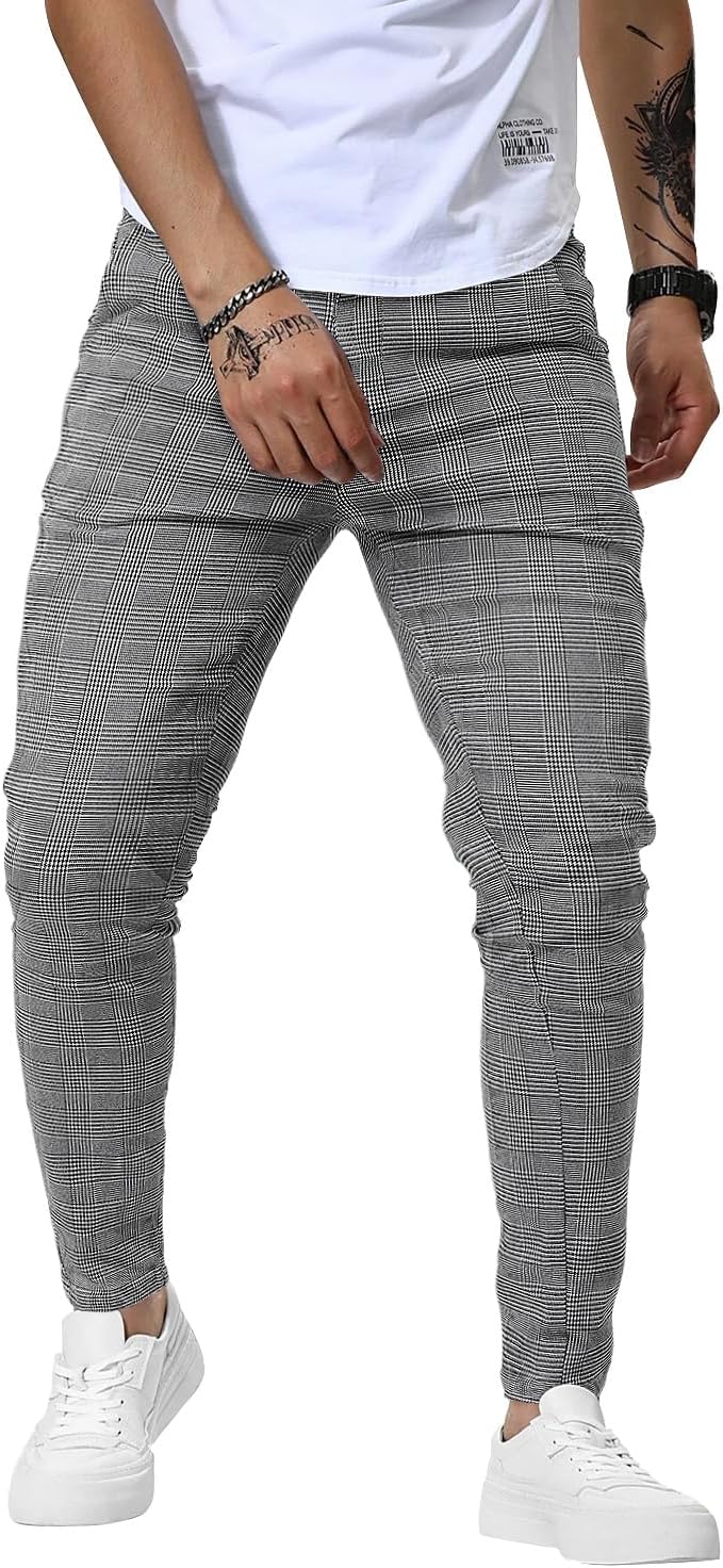 Woenzaia Men's Slim Fit Dress Pants Casual Stretchy Twill Chinos Tapered Skinny Slacks
