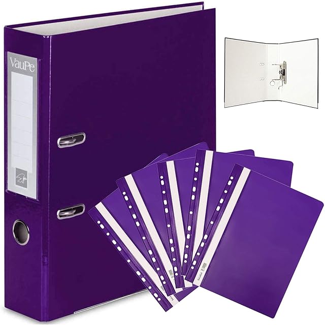 1 Purple A4 Lever Arch File Folder + 5 Purple Hard Perforated Presentation Files