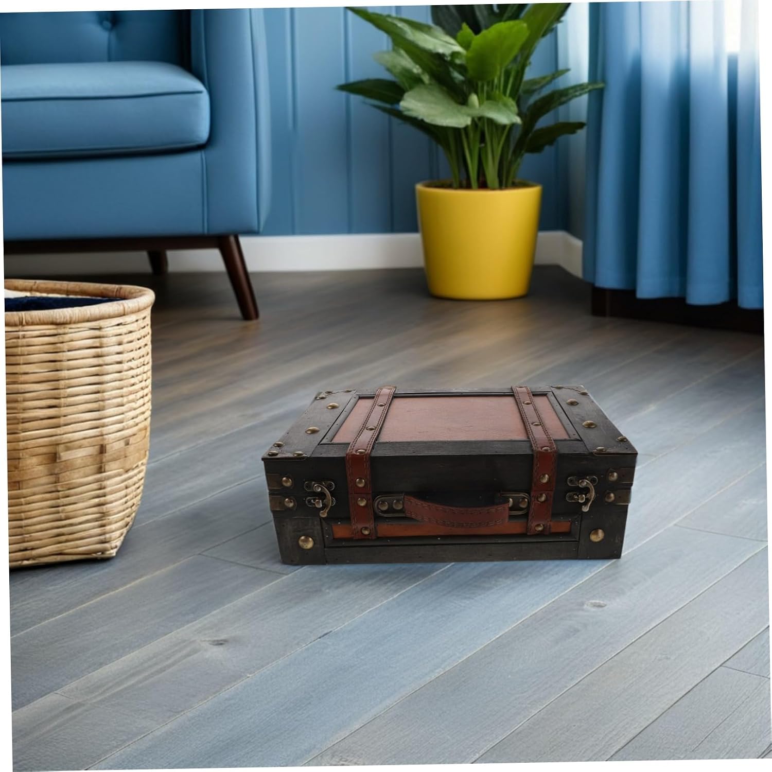 KICHOUSE Vintage Wooden Portable Storage Chest with Large Capacity, Lightweight Retro Suitcase Box for Home Decoration and Special Occasions
