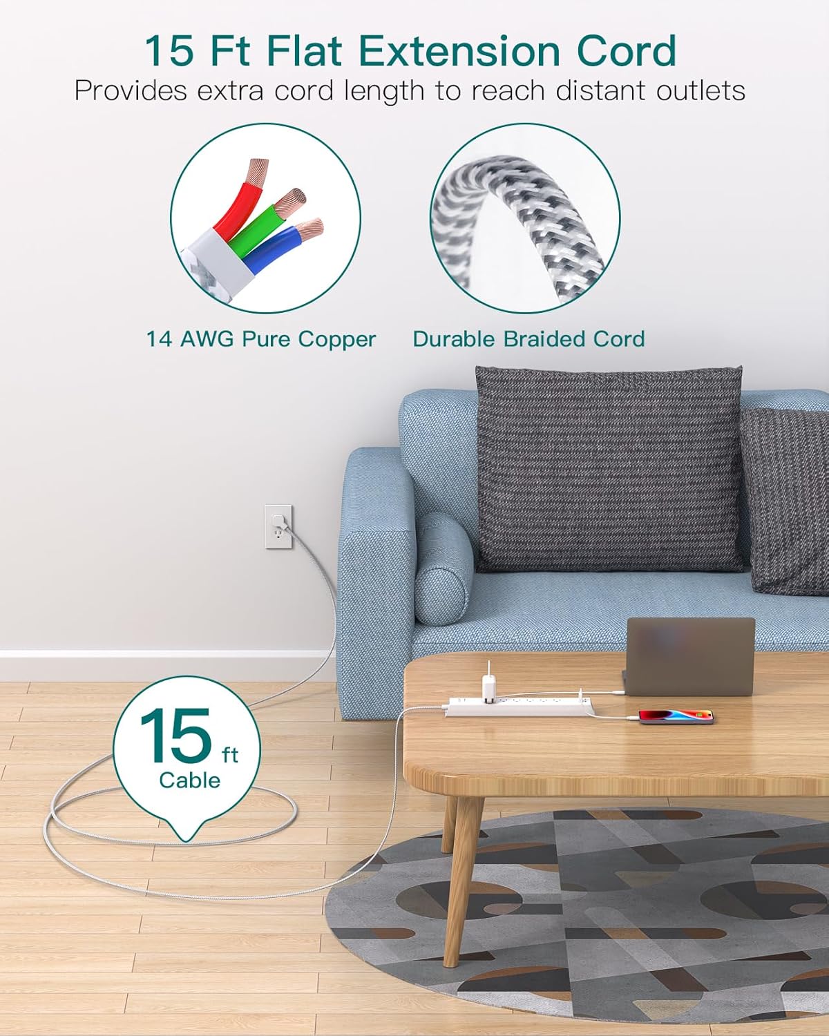 15FT Power Strip Surge Protector, Extension Cord with Multiple Outlets, 6 AC Outlet 4 USB (2 USB C), Flat Plug, Wall Mount, Multi Plug Outlet Extender for Home Office Dorm Room Essentials