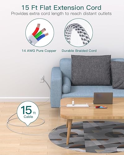 Miniatura 9 de Regleta protectora contra sobretensiones con USB C, cable de extensión de enchufe plano con 6 salidas de CA, 4 USB (2 USB C), montaje en pared, 5